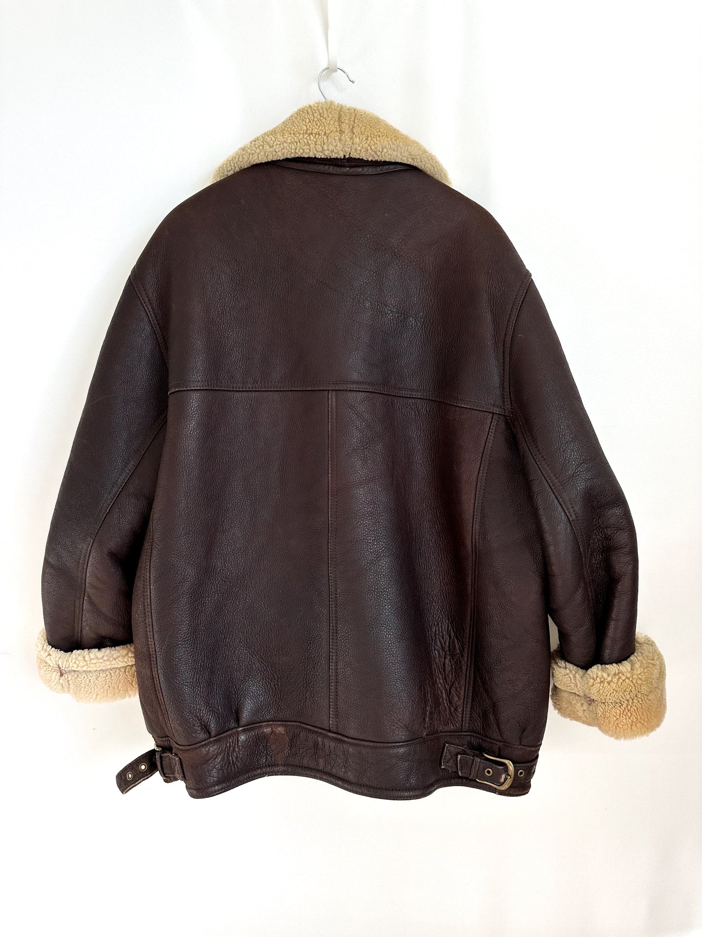 Vintage Brown Shearling Leather Ranch Coat – Yellow Wool Lined Aviator Bomber (L/XL)