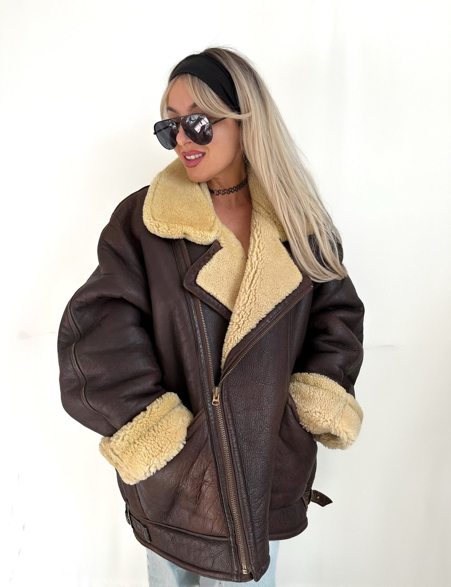 Vintage Brown Shearling Leather Ranch Coat – Yellow Wool Lined Aviator Bomber (L/XL)