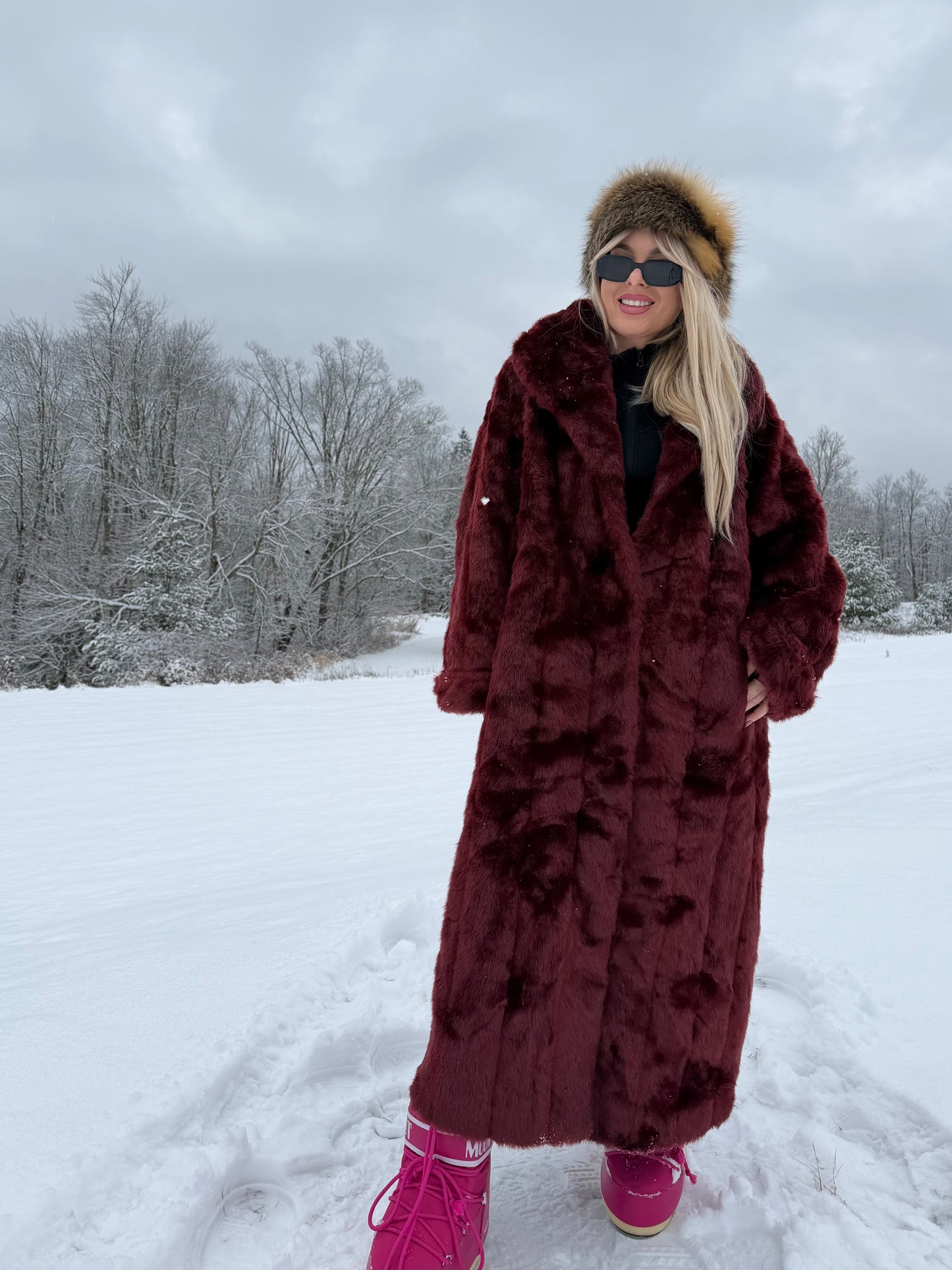 Vintage Burgundy Faux Fur Coat – Long Plush Wine Red Winter Statement Jacket XL