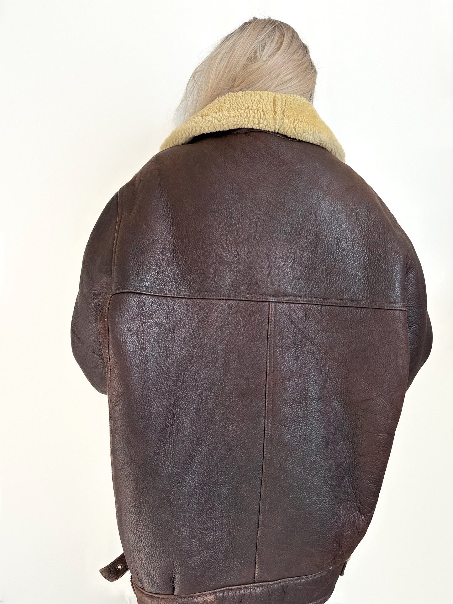 Vintage Brown Shearling Leather Ranch Coat – Yellow Wool Lined Aviator Bomber (L/XL)