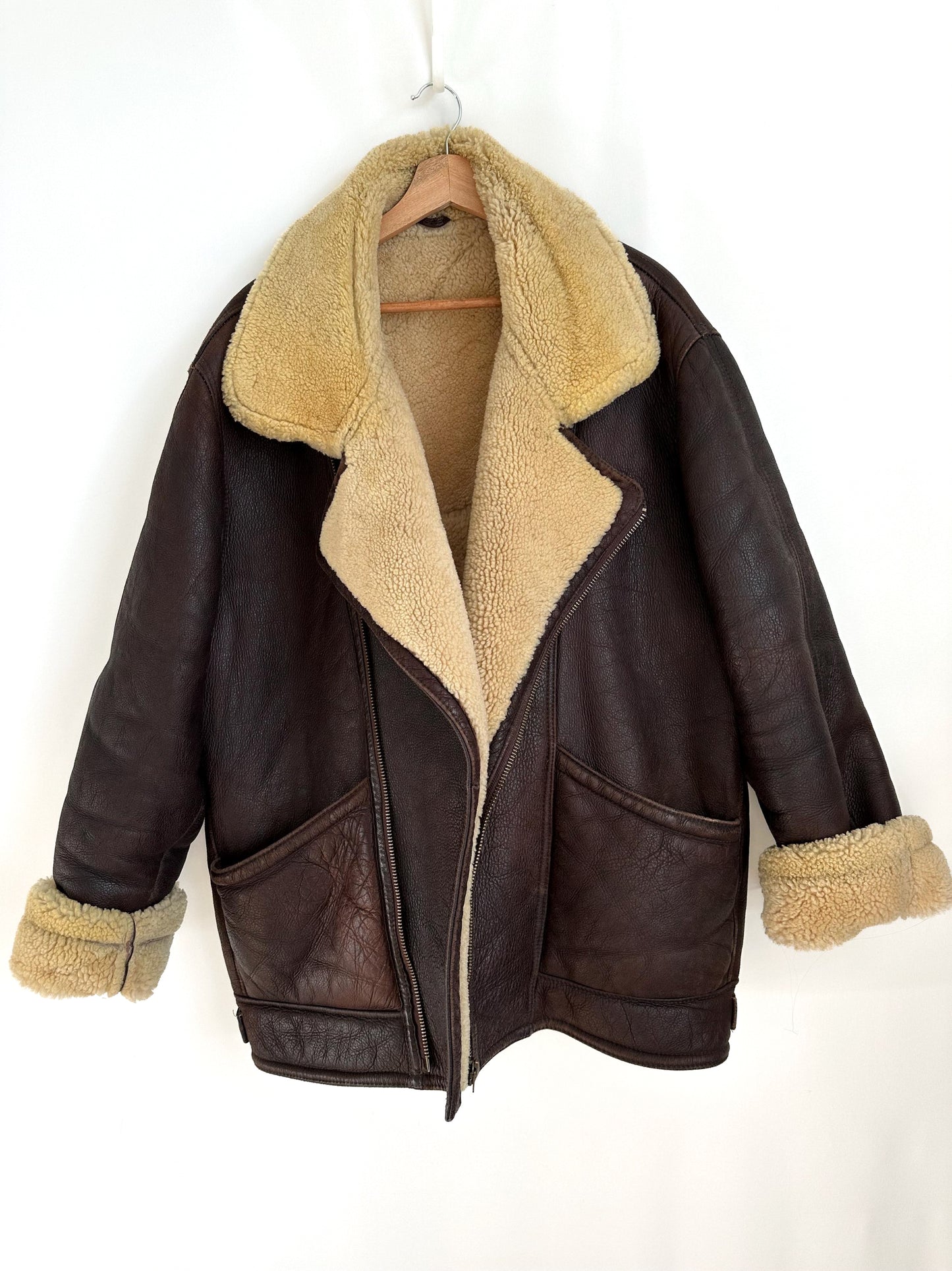 Vintage Brown Shearling Leather Ranch Coat – Yellow Wool Lined Aviator Bomber (L/XL)
