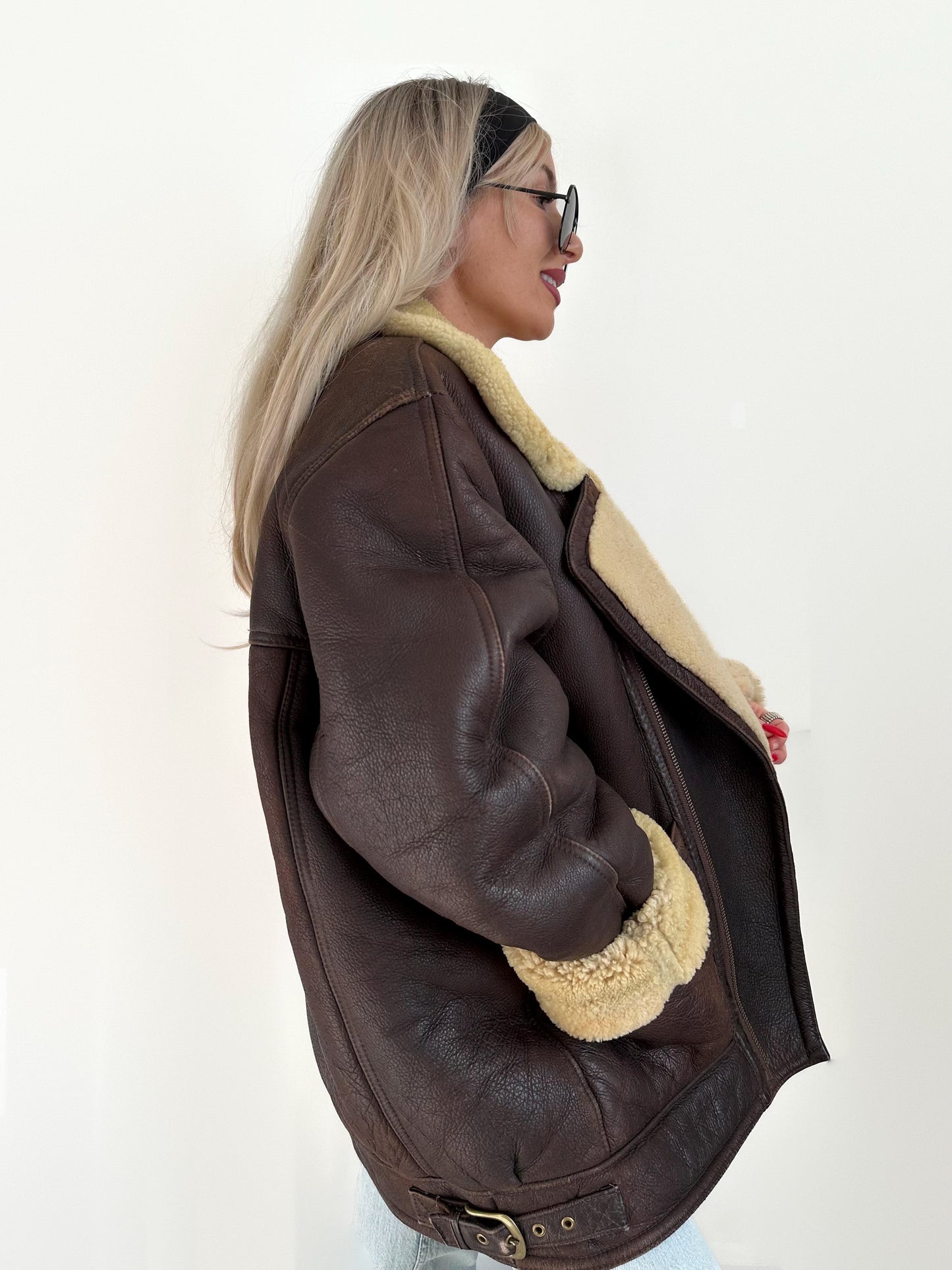 Vintage Brown Shearling Leather Ranch Coat – Yellow Wool Lined Aviator Bomber (L/XL)