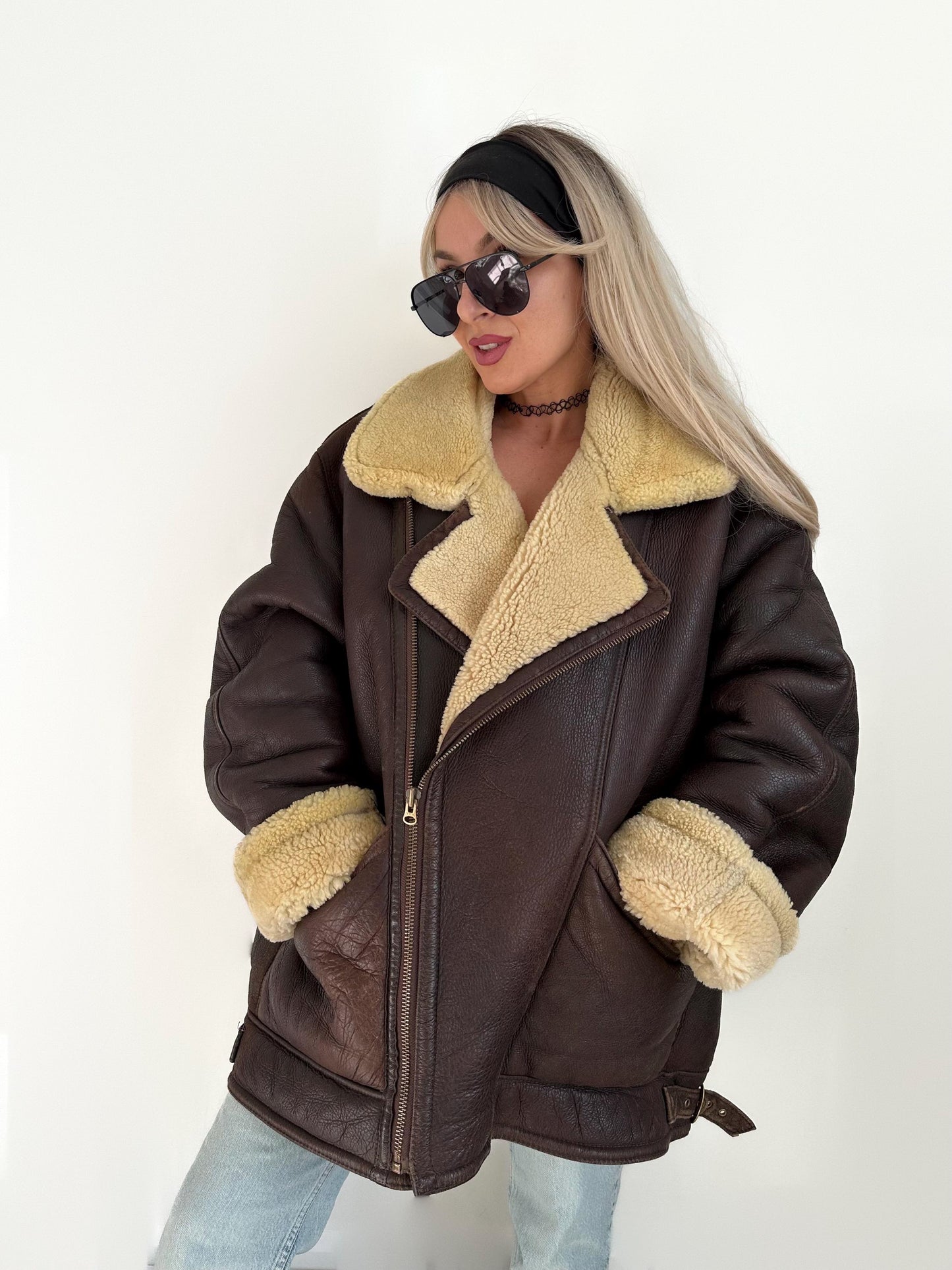 Vintage Brown Shearling Leather Ranch Coat – Yellow Wool Lined Aviator Bomber (L/XL)