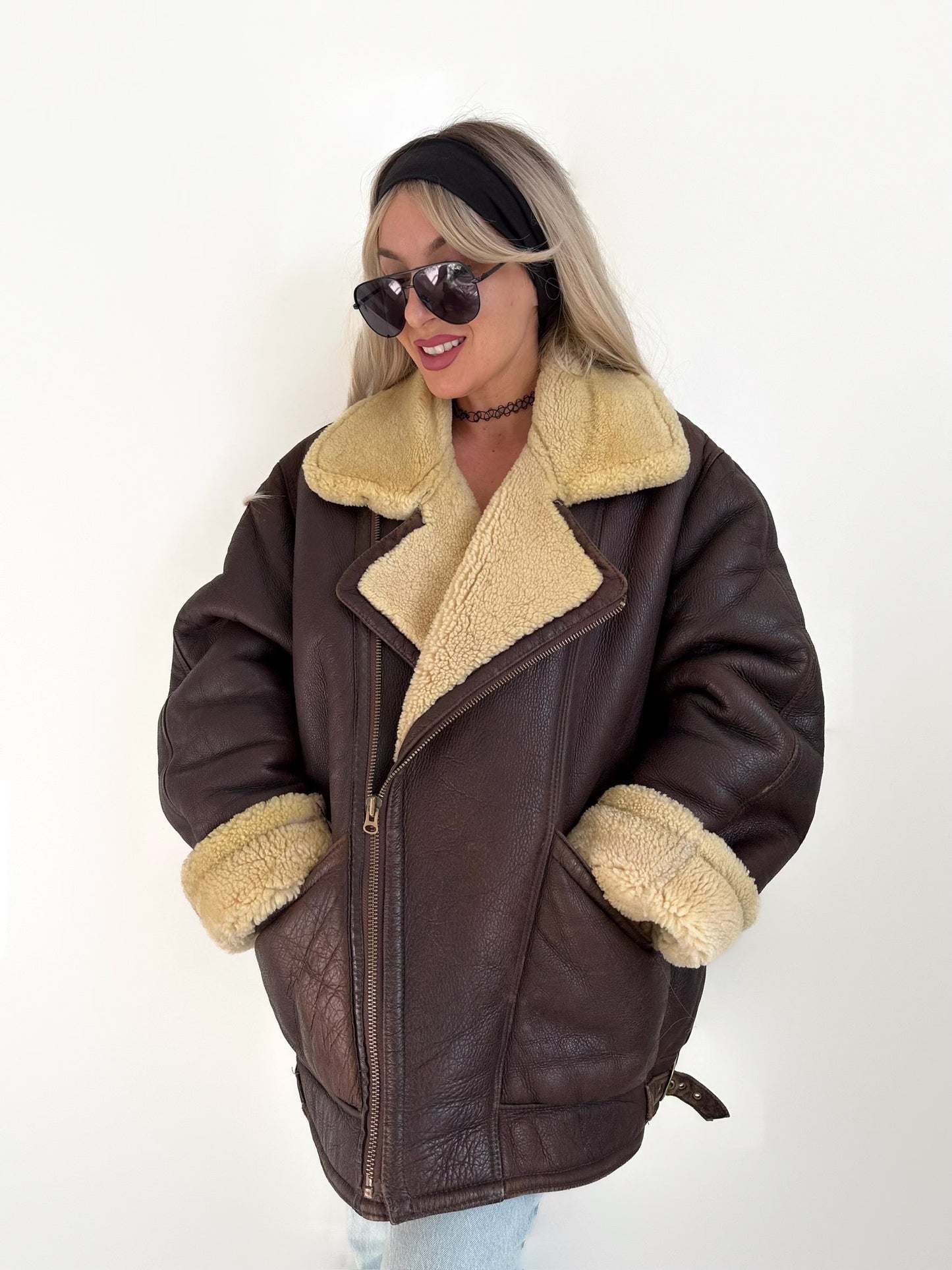 Vintage Brown Shearling Leather Ranch Coat – Yellow Wool Lined Aviator Bomber (L/XL)
