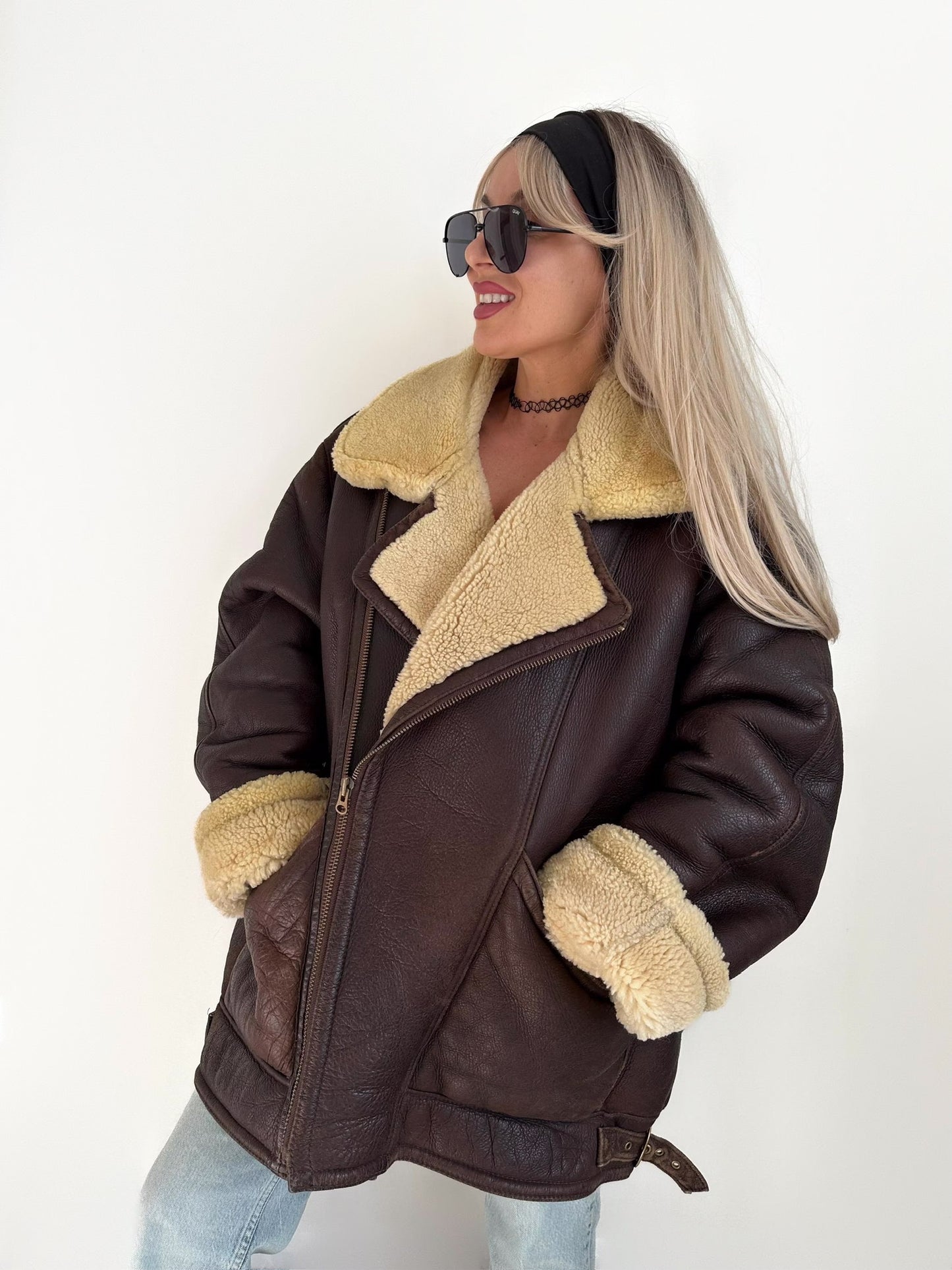 Vintage Brown Shearling Leather Ranch Coat – Yellow Wool Lined Aviator Bomber (L/XL)