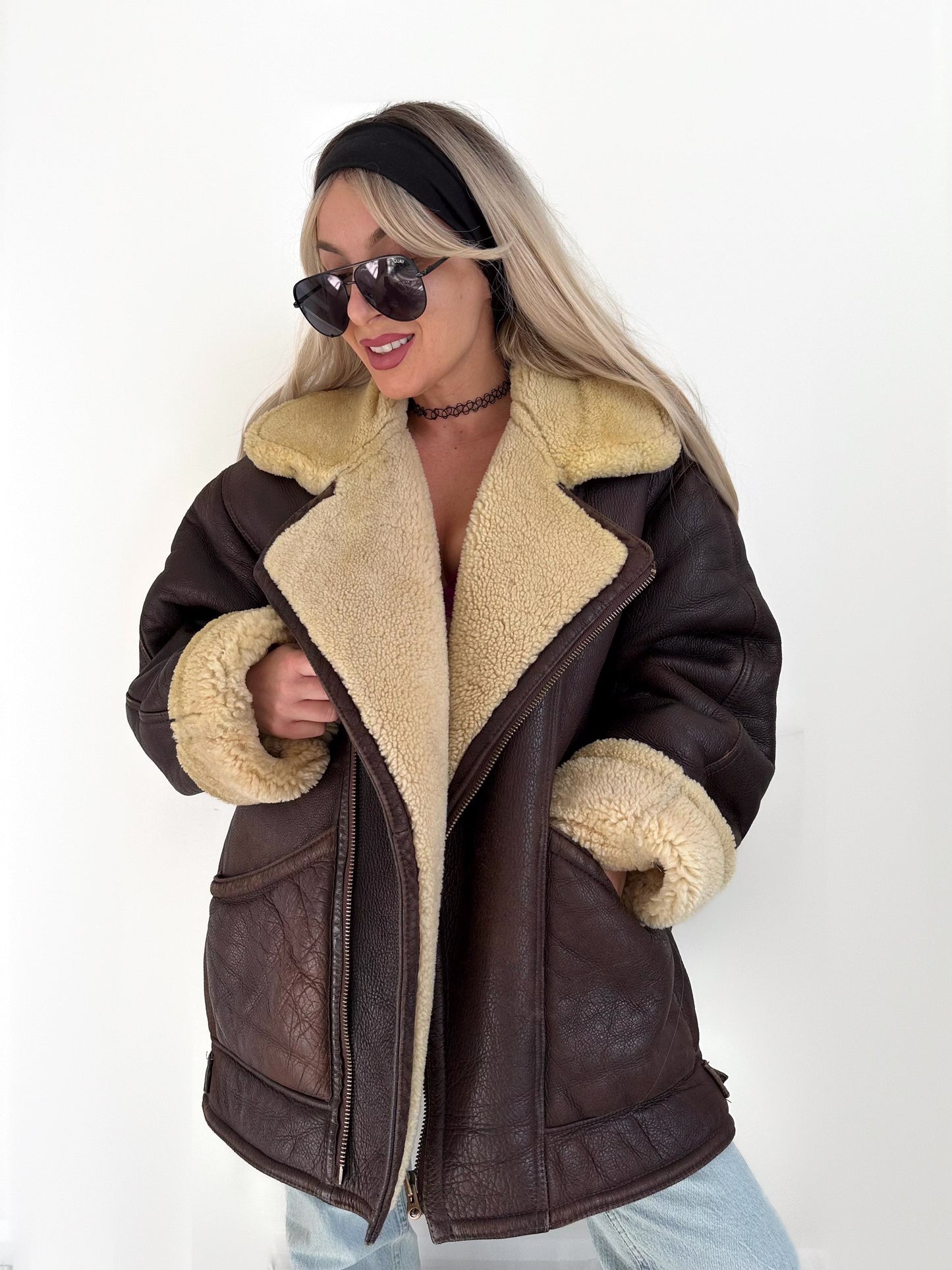 Vintage Brown Shearling Leather Ranch Coat – Yellow Wool Lined Aviator Bomber (L/XL)