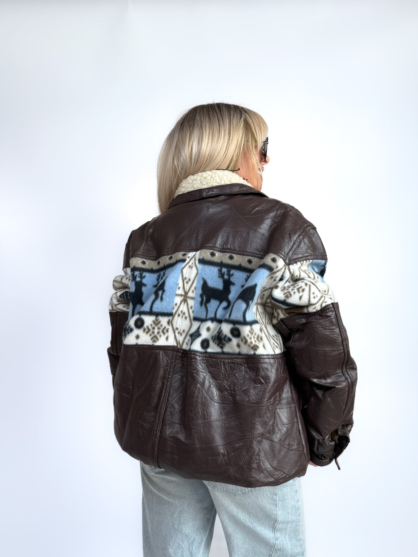 Vintage Brown Leather Bomber Jacket – Aztec Navajo Winter Fleece Lining, Sherpa Collar L-XXL