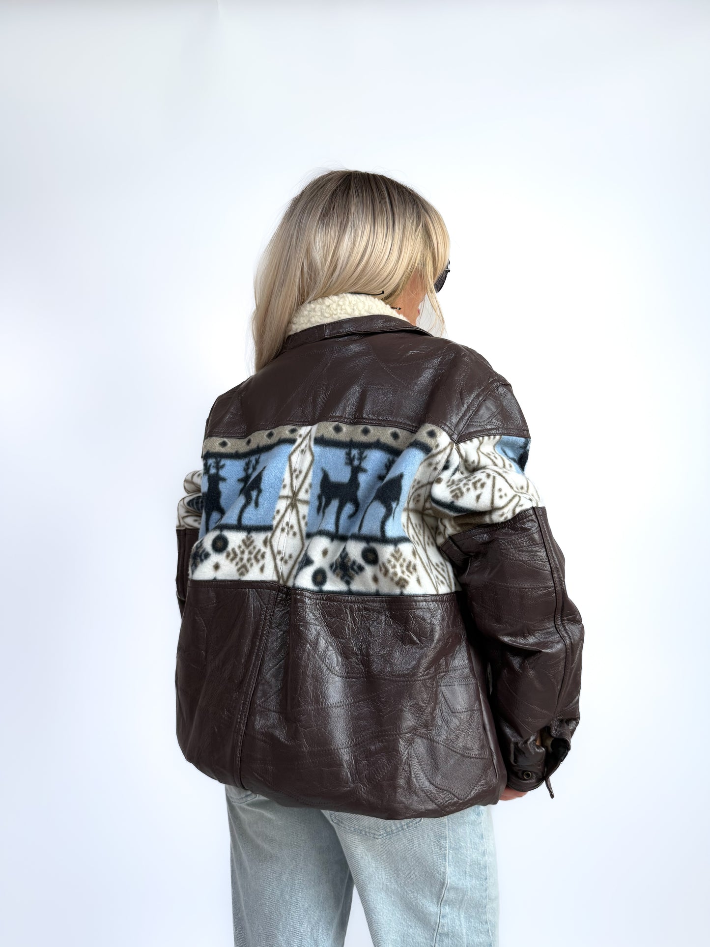 Vintage Brown Leather Bomber Jacket – Aztec Navajo Winter Fleece Lining, Sherpa Collar L-XXL