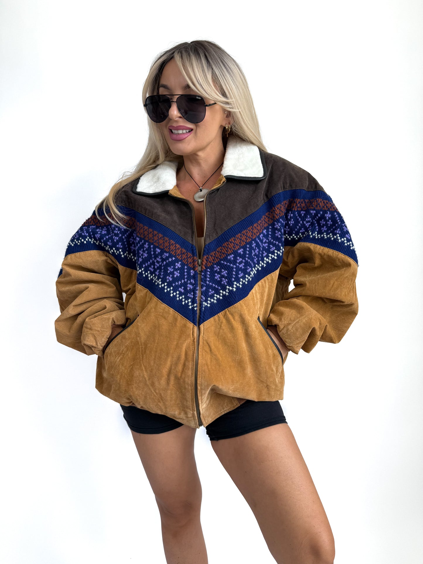 Vintage Suede Bomber Navajo Sherpa Southwestern Style Men's Jacket L -X