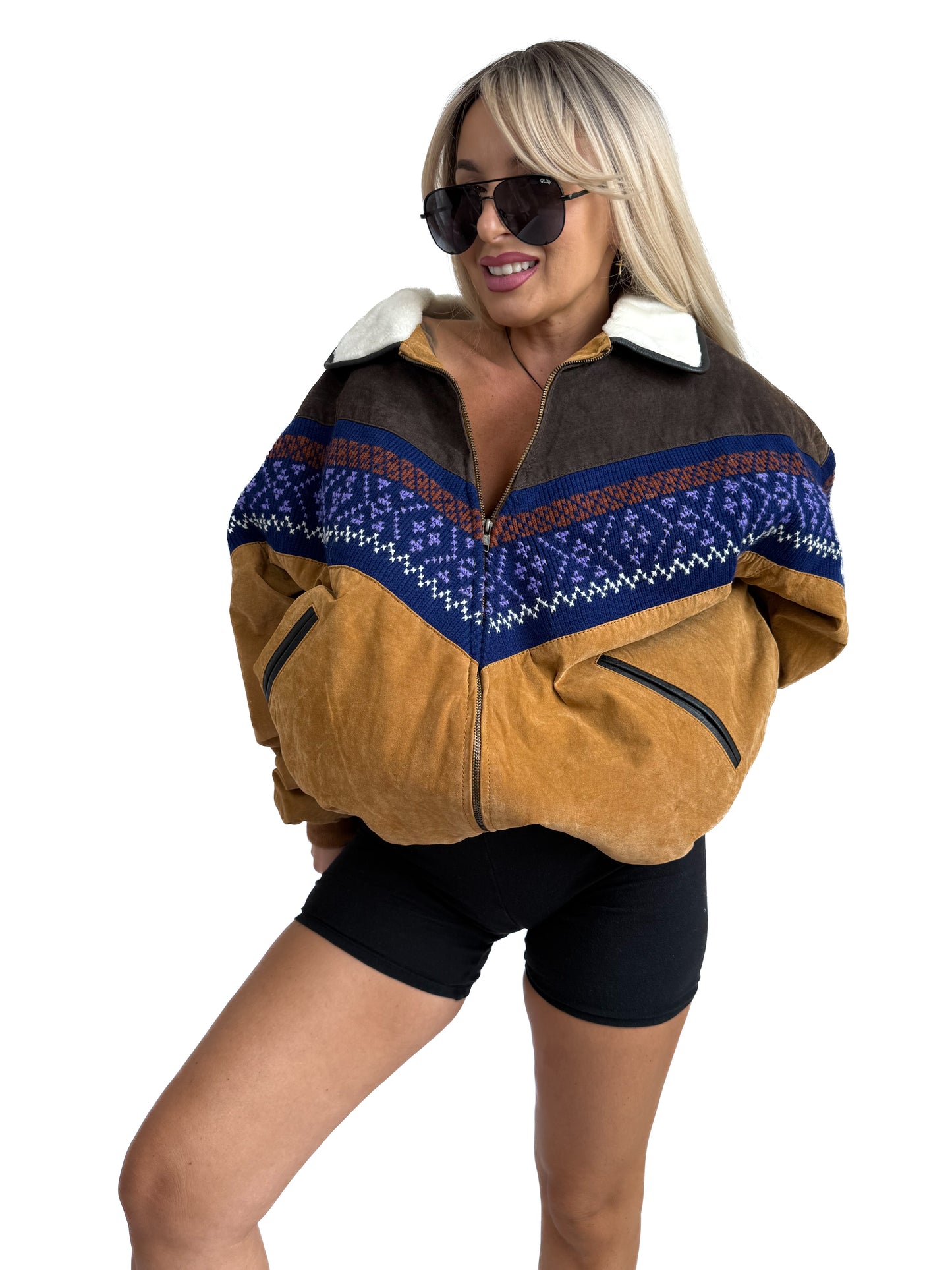 Vintage Suede Bomber Navajo Sherpa Southwestern Style Men's Jacket L -X