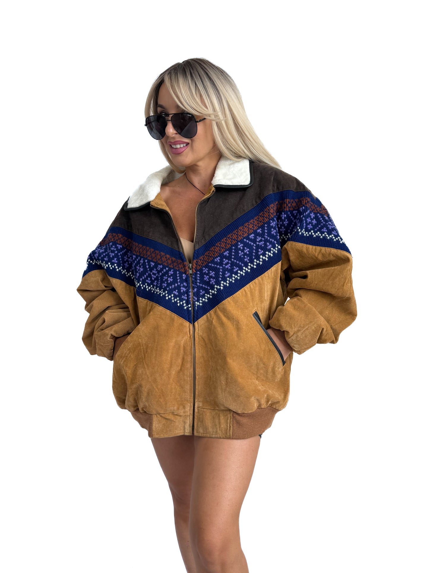 Vintage Suede Bomber Navajo Sherpa Southwestern Style Men's Jacket L -X