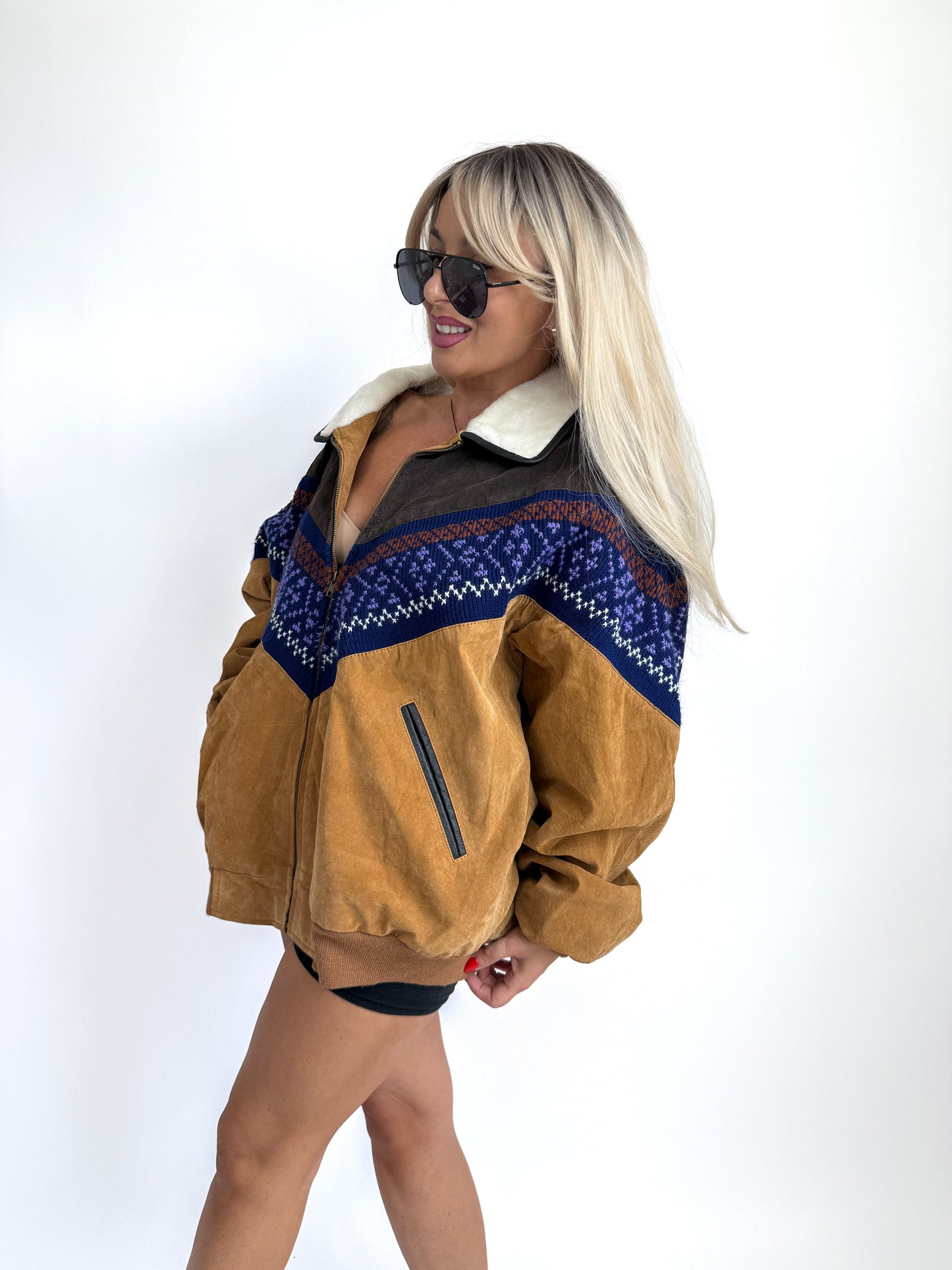Vintage Suede Bomber Navajo Sherpa Southwestern Style Men's Jacket L -X