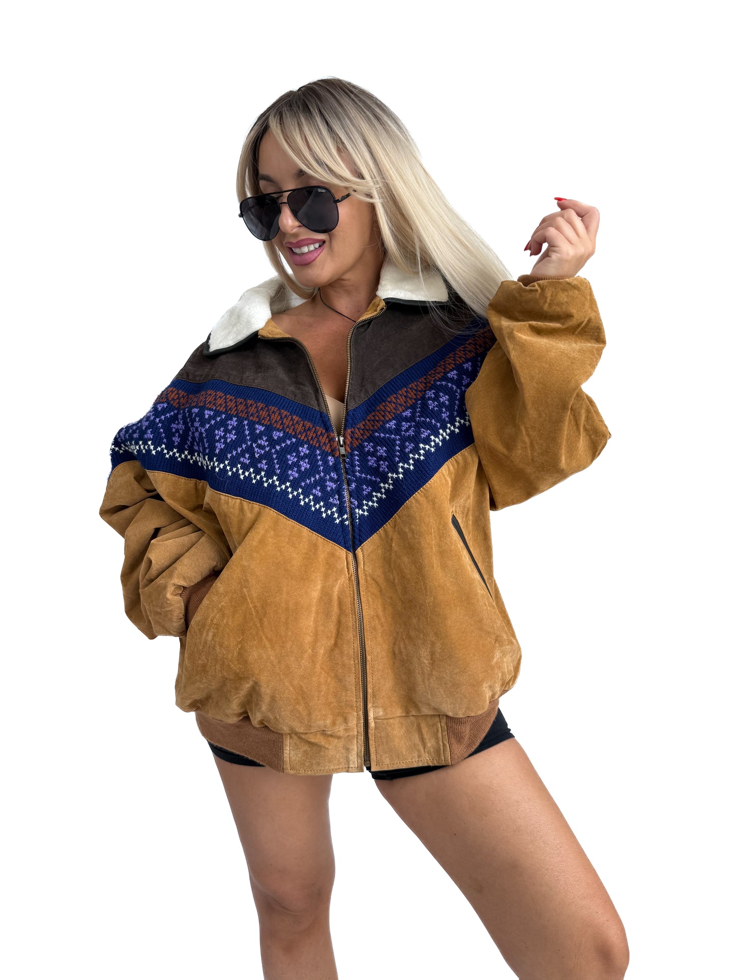 Vintage Suede Bomber Navajo Sherpa Southwestern Style Men's Jacket L -X