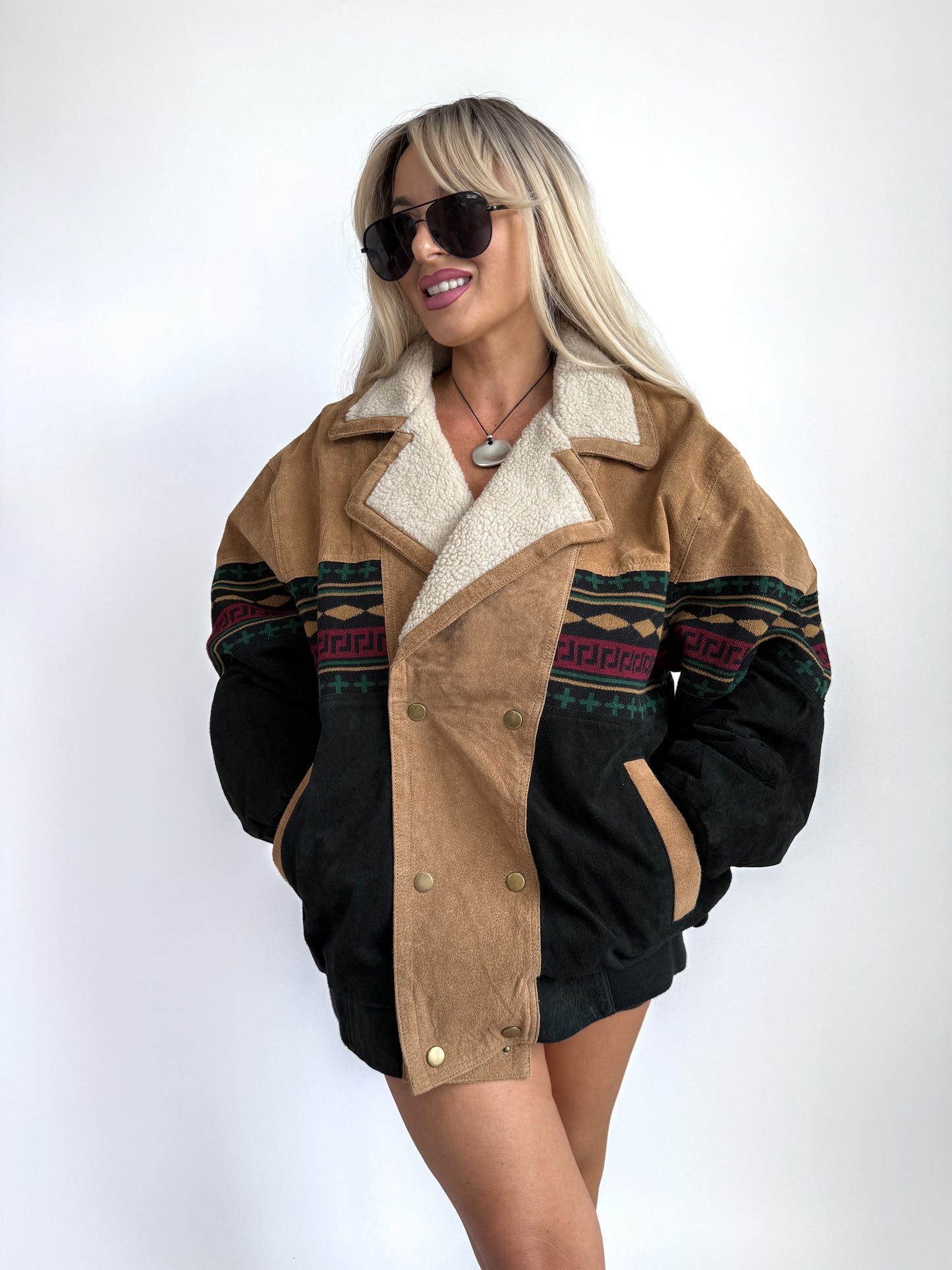 Vintage 90s Suede Leather Bomber Jacket – Tribal Aztec Navajo Print Sherpa Collar L-XL