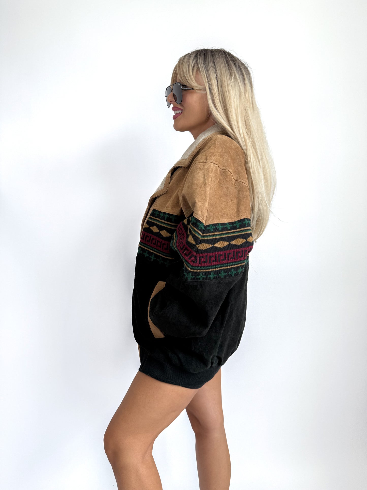 Vintage 90s Suede Leather Bomber Jacket – Tribal Aztec Navajo Print Sherpa Collar L-XL