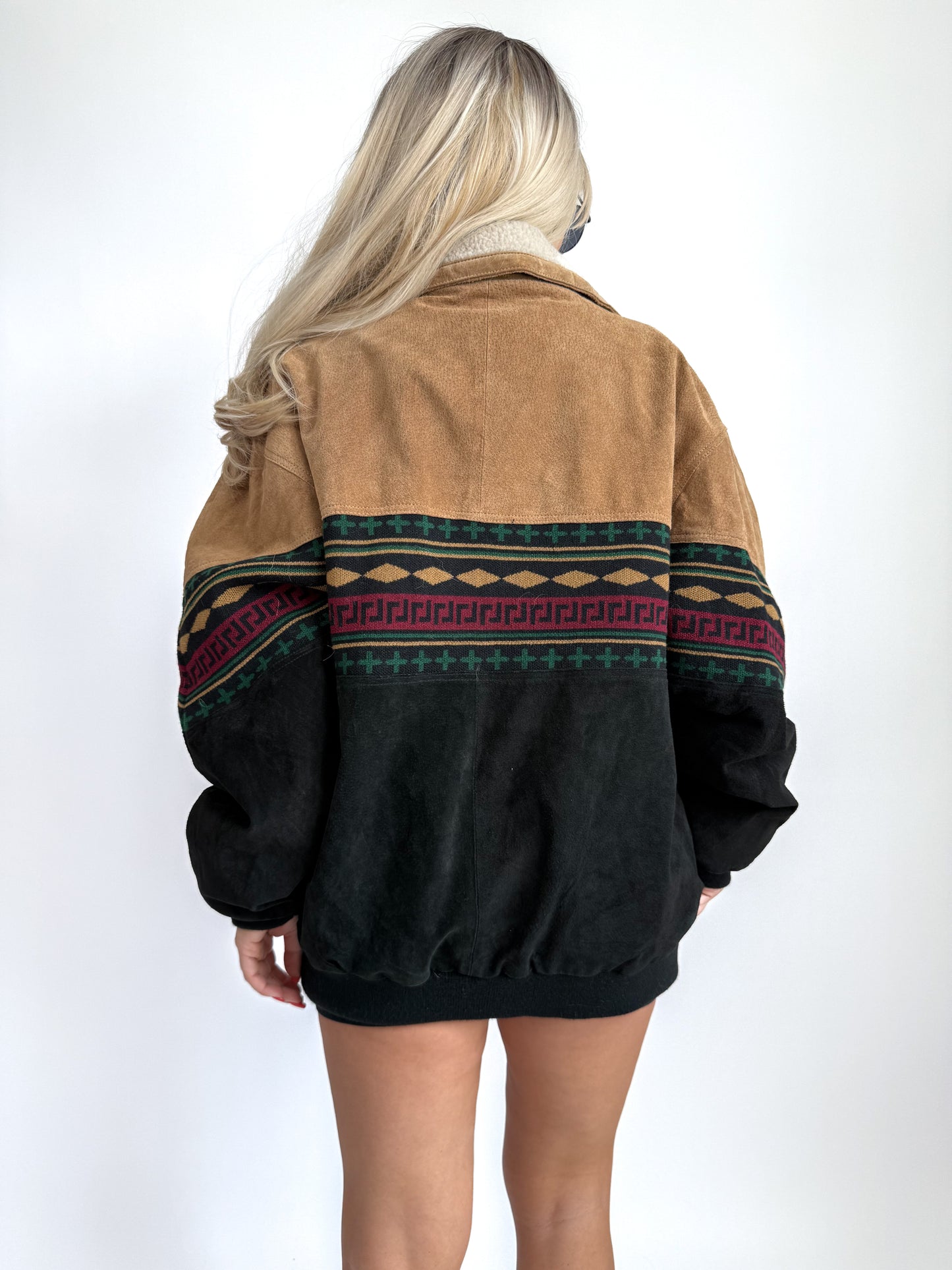 Vintage 90s Suede Leather Bomber Jacket – Tribal Aztec Navajo Print Sherpa Collar L-XL