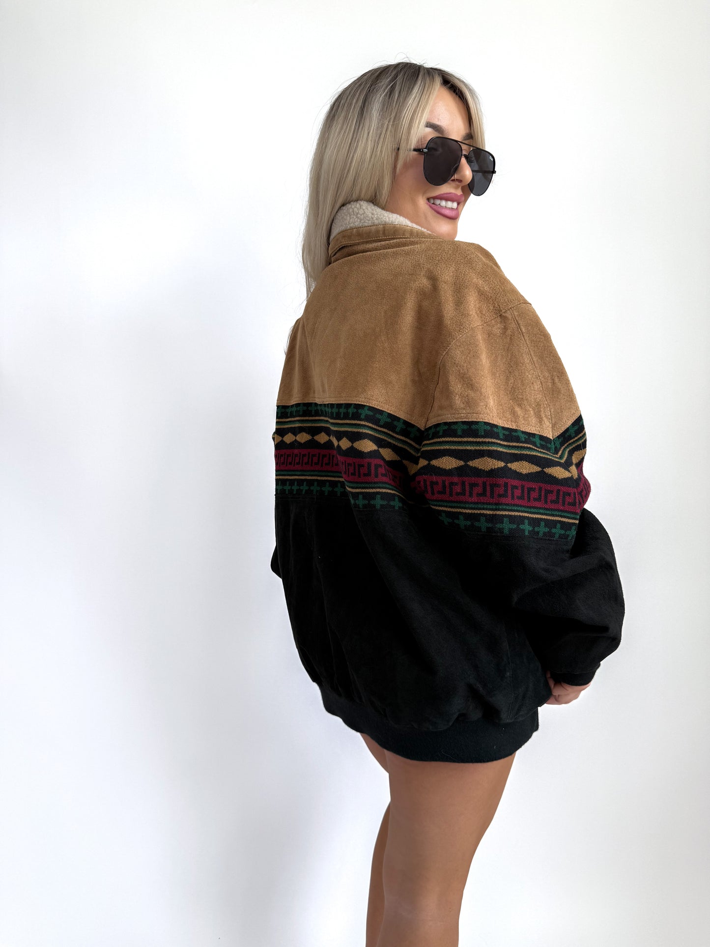Vintage 90s Suede Leather Bomber Jacket – Tribal Aztec Navajo Print Sherpa Collar L-XL