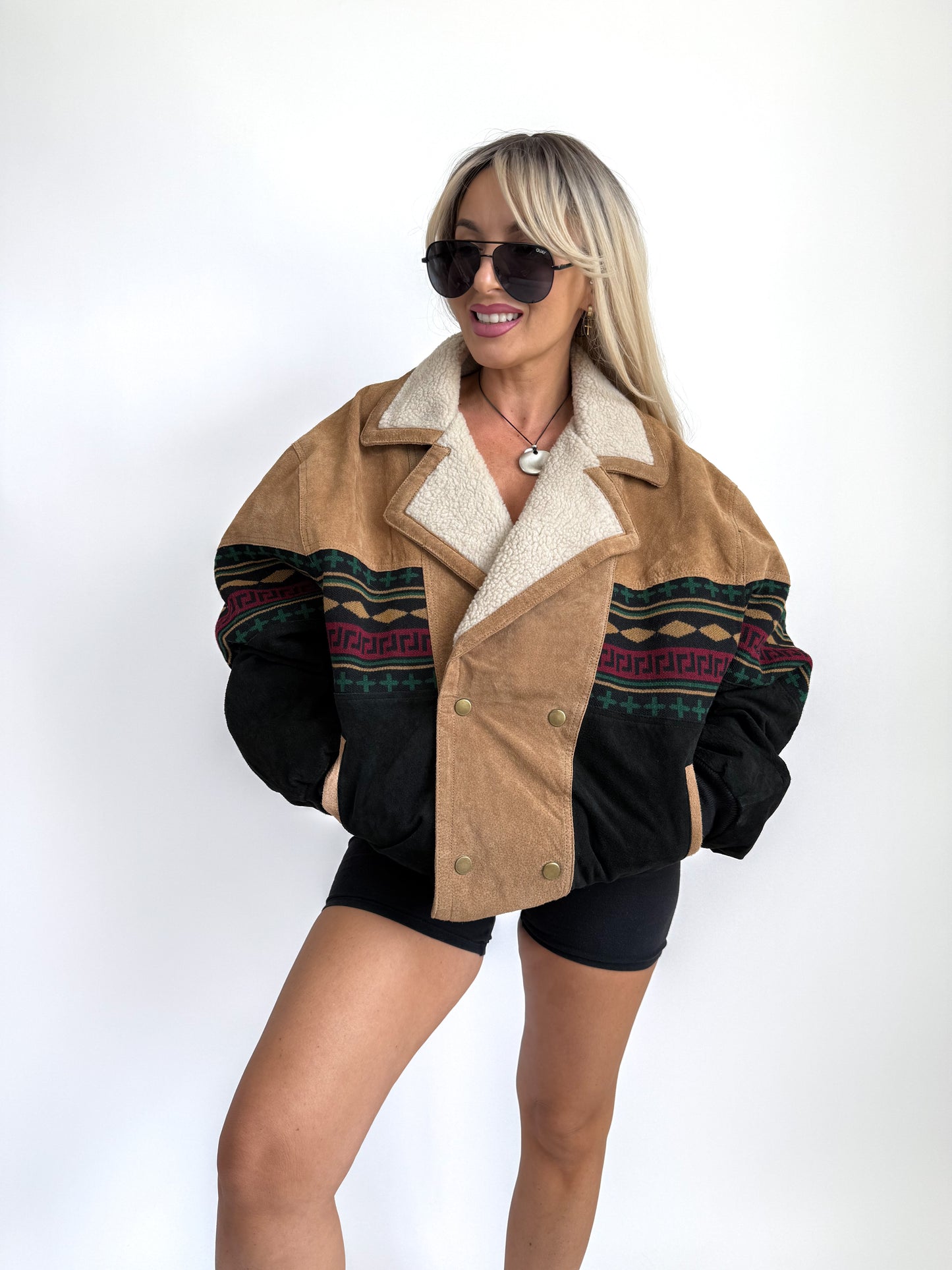 Vintage 90s Suede Leather Bomber Jacket – Tribal Aztec Navajo Print Sherpa Collar L-XL