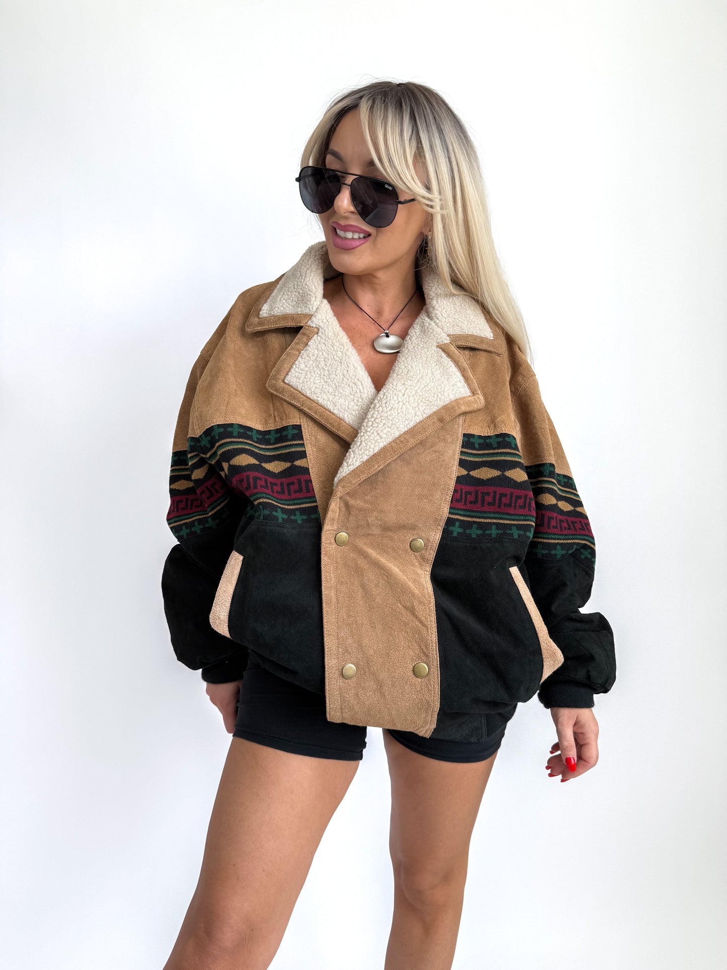 Vintage 90s Suede Leather Bomber Jacket – Tribal Aztec Navajo Print Sherpa Collar L-XL