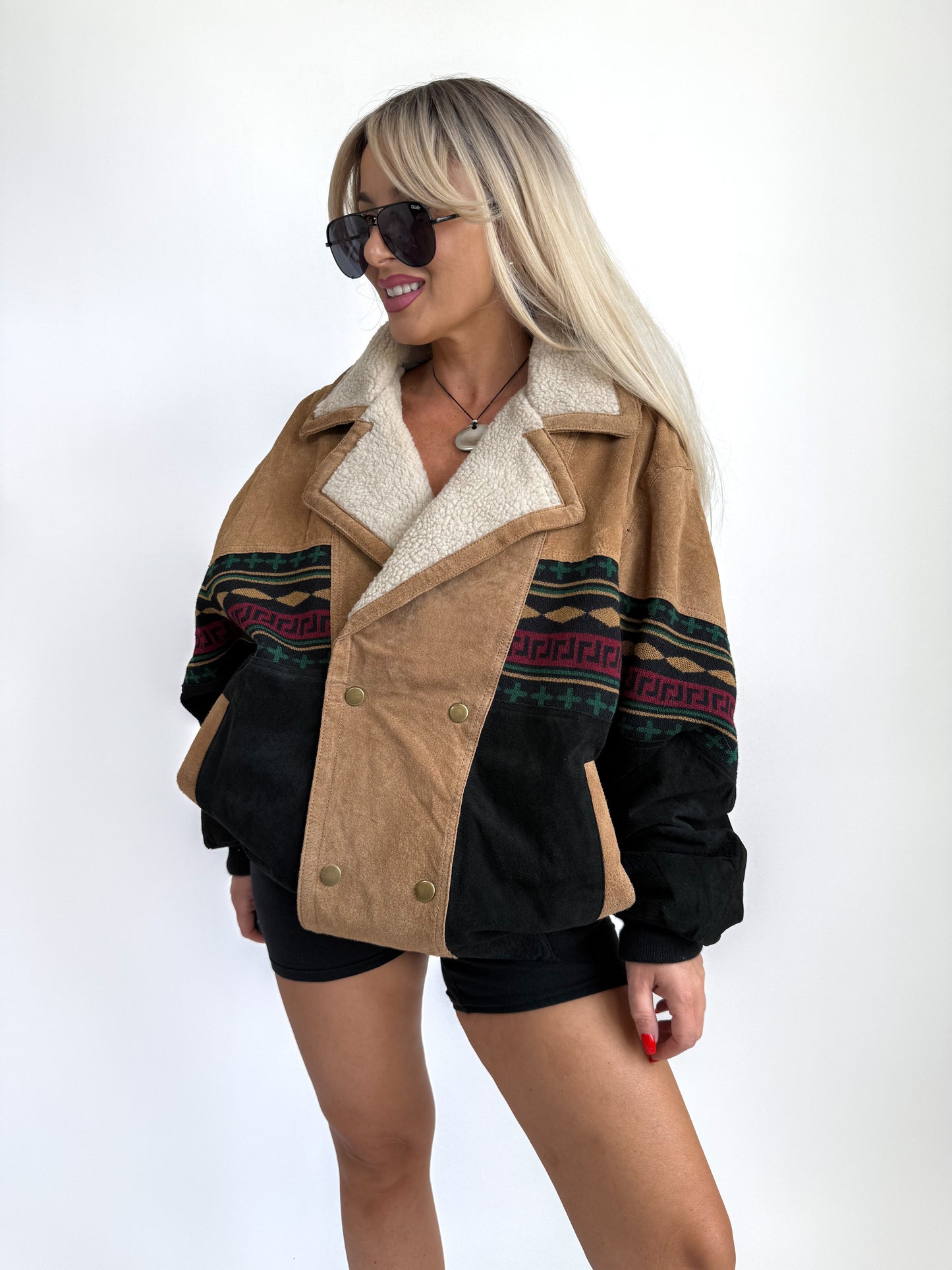 Vintage 90s Suede Leather Bomber Jacket – Tribal Aztec Navajo Print Sherpa Collar L-XL