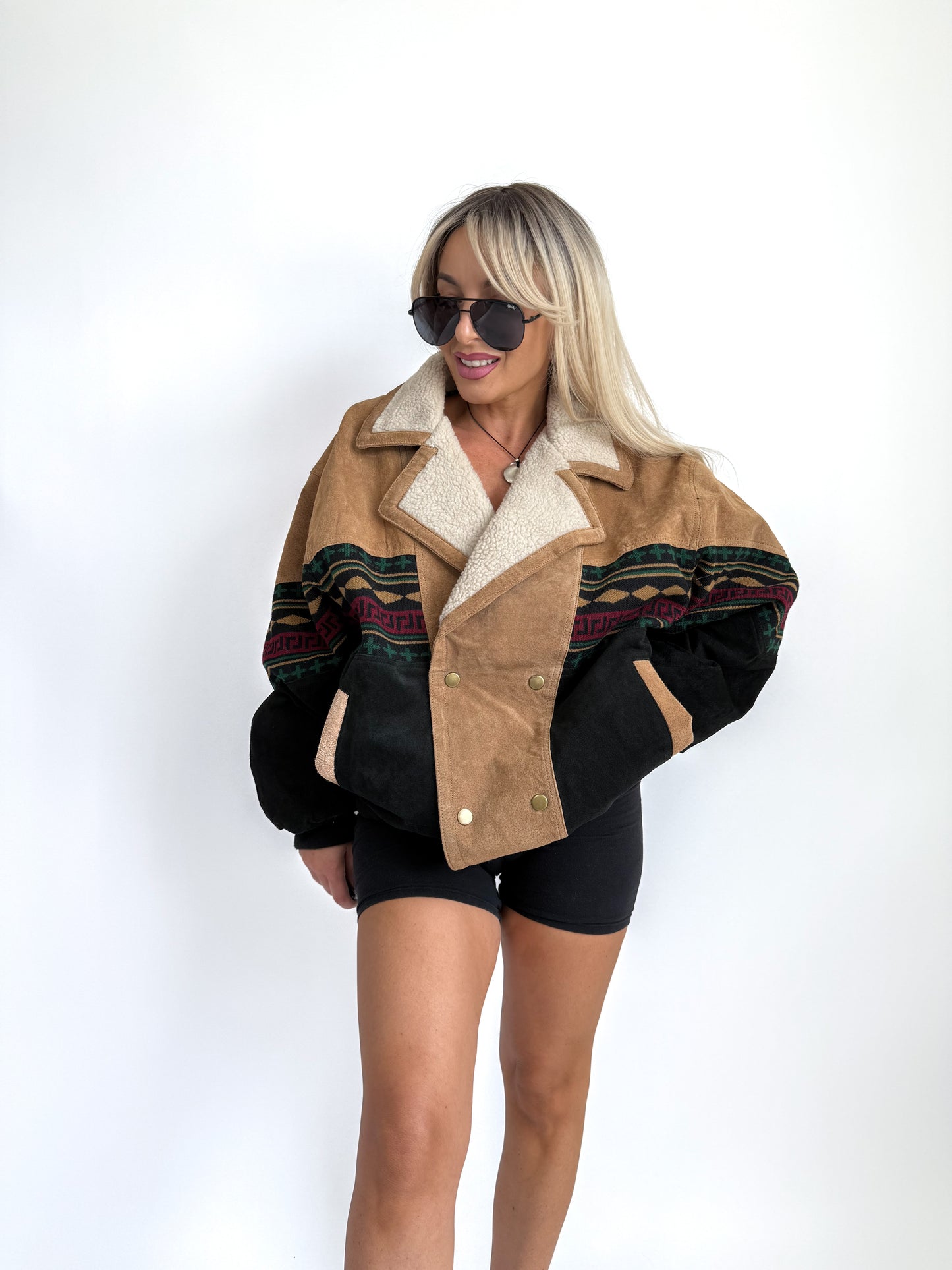 Vintage 90s Suede Leather Bomber Jacket – Tribal Aztec Navajo Print Sherpa Collar L-XL