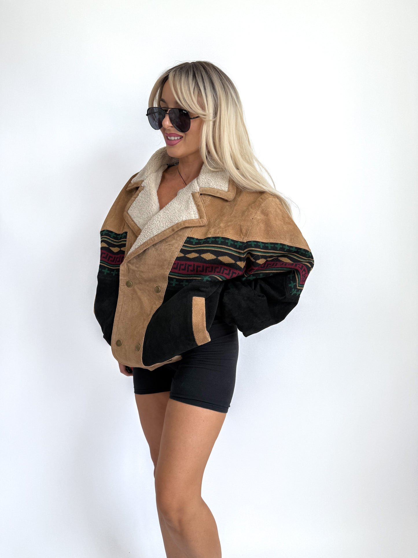Vintage 90s Suede Leather Bomber Jacket – Tribal Aztec Navajo Print Sherpa Collar L-XL