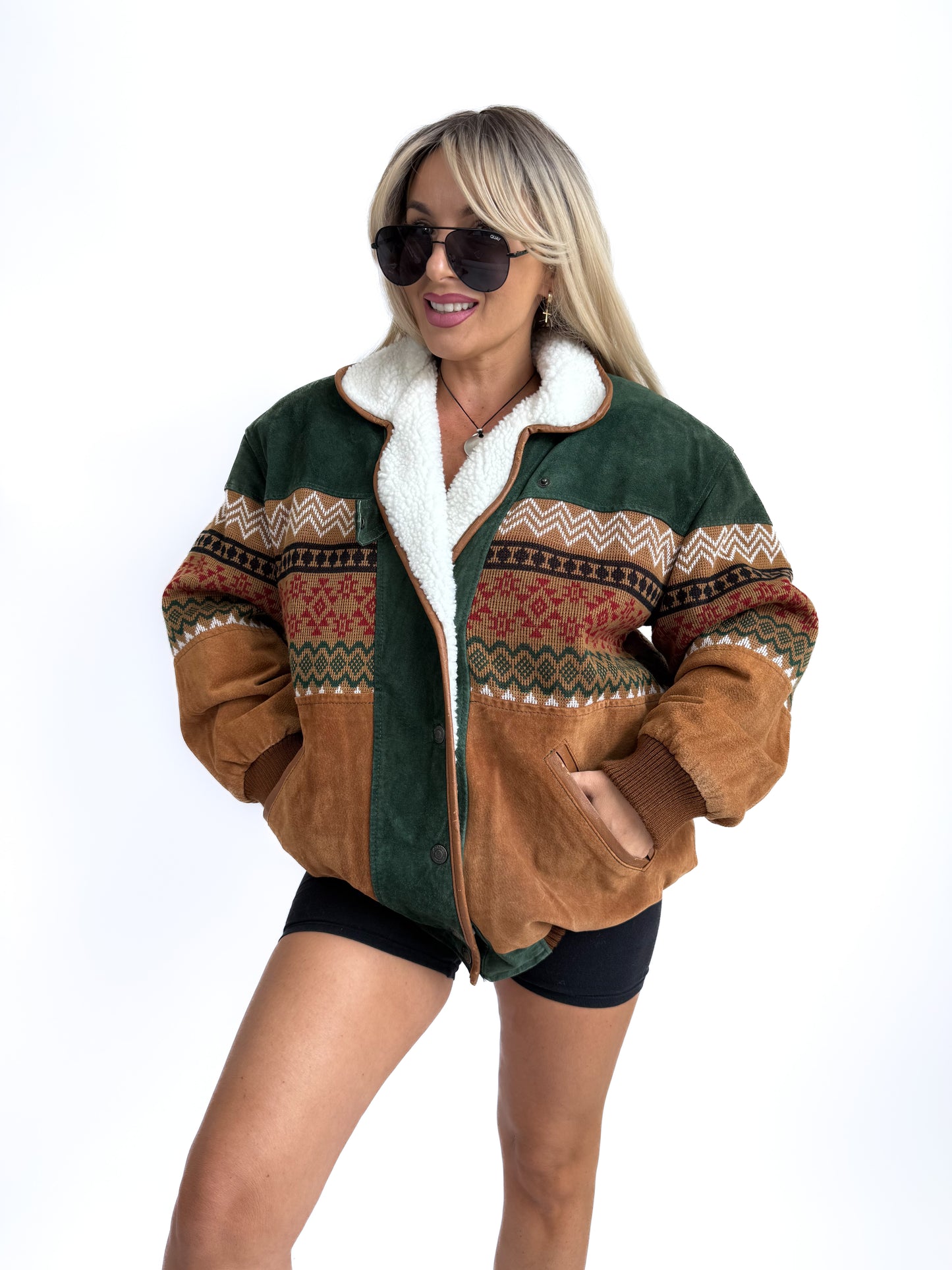 Vintage Suede Bomber Navajo Knit Sherpa Lined Southwestern Style Men's Jacket - L