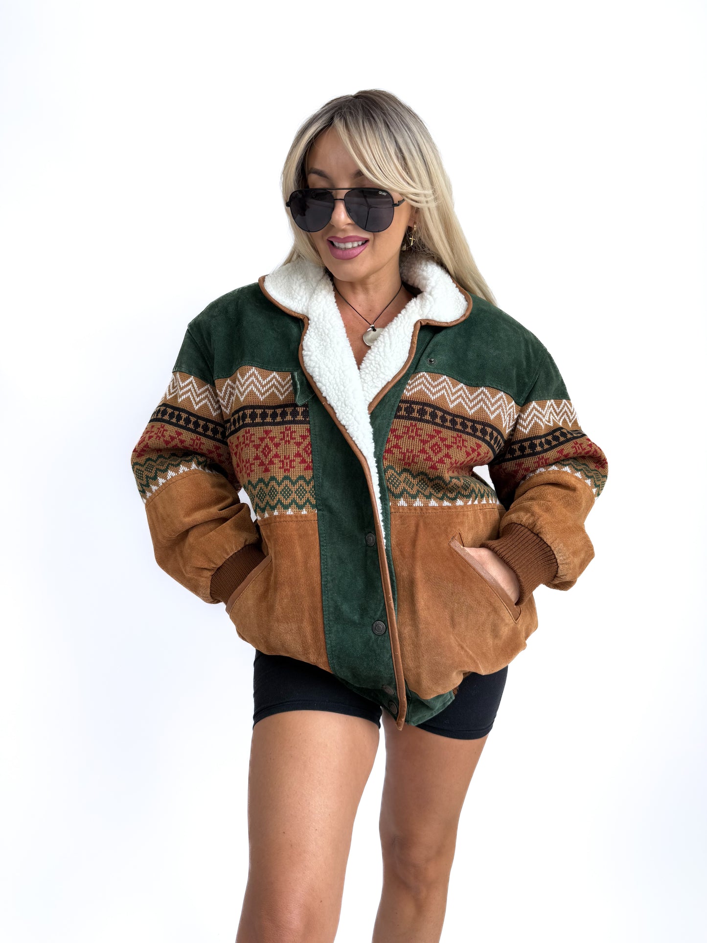 Vintage Suede Bomber Navajo Knit Sherpa Lined Southwestern Style Men's Jacket - L
