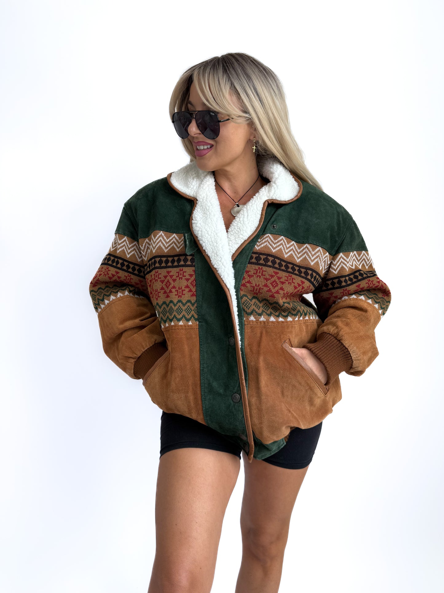 Vintage Suede Bomber Navajo Knit Sherpa Lined Southwestern Style Men's Jacket - L