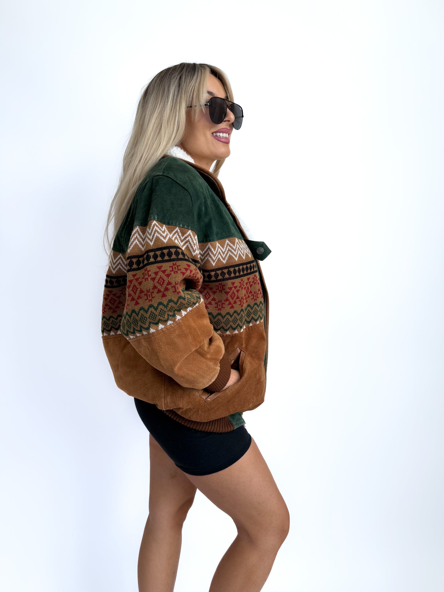 Vintage Suede Bomber Navajo Knit Sherpa Lined Southwestern Style Men's Jacket - L