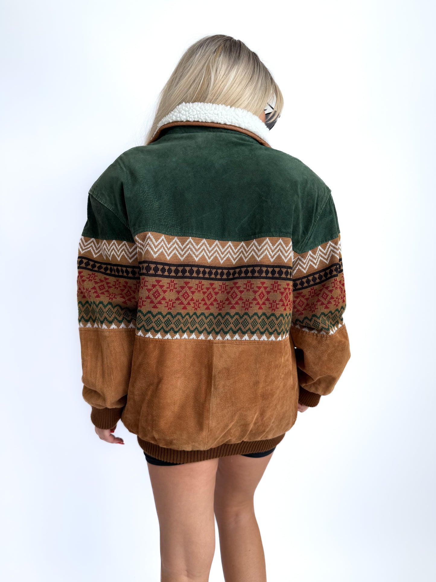 Vintage Suede Bomber Navajo Knit Sherpa Lined Southwestern Style Men's Jacket - L