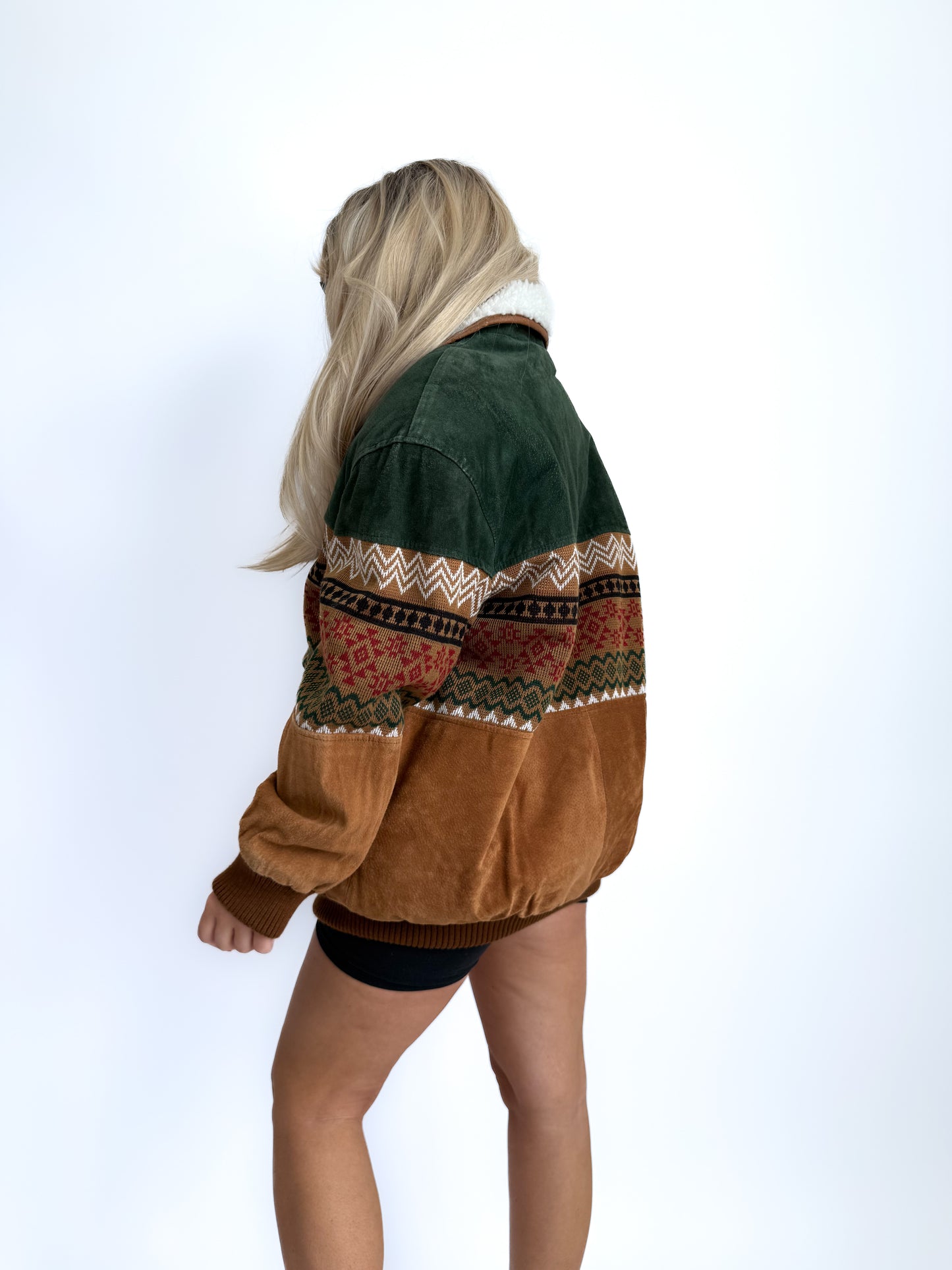 Vintage Suede Bomber Navajo Knit Sherpa Lined Southwestern Style Men's Jacket - L
