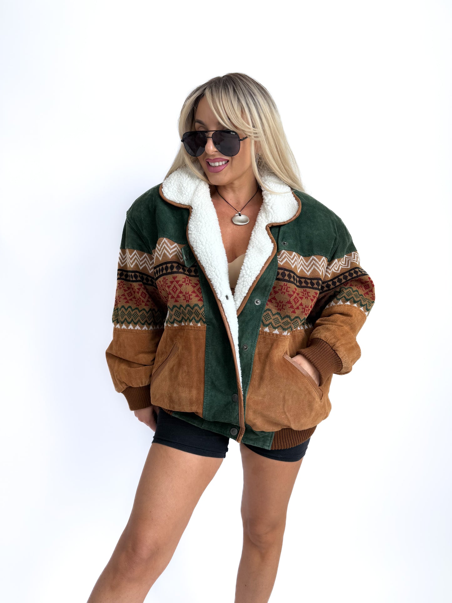 Vintage Suede Bomber Navajo Knit Sherpa Lined Southwestern Style Men's Jacket - L