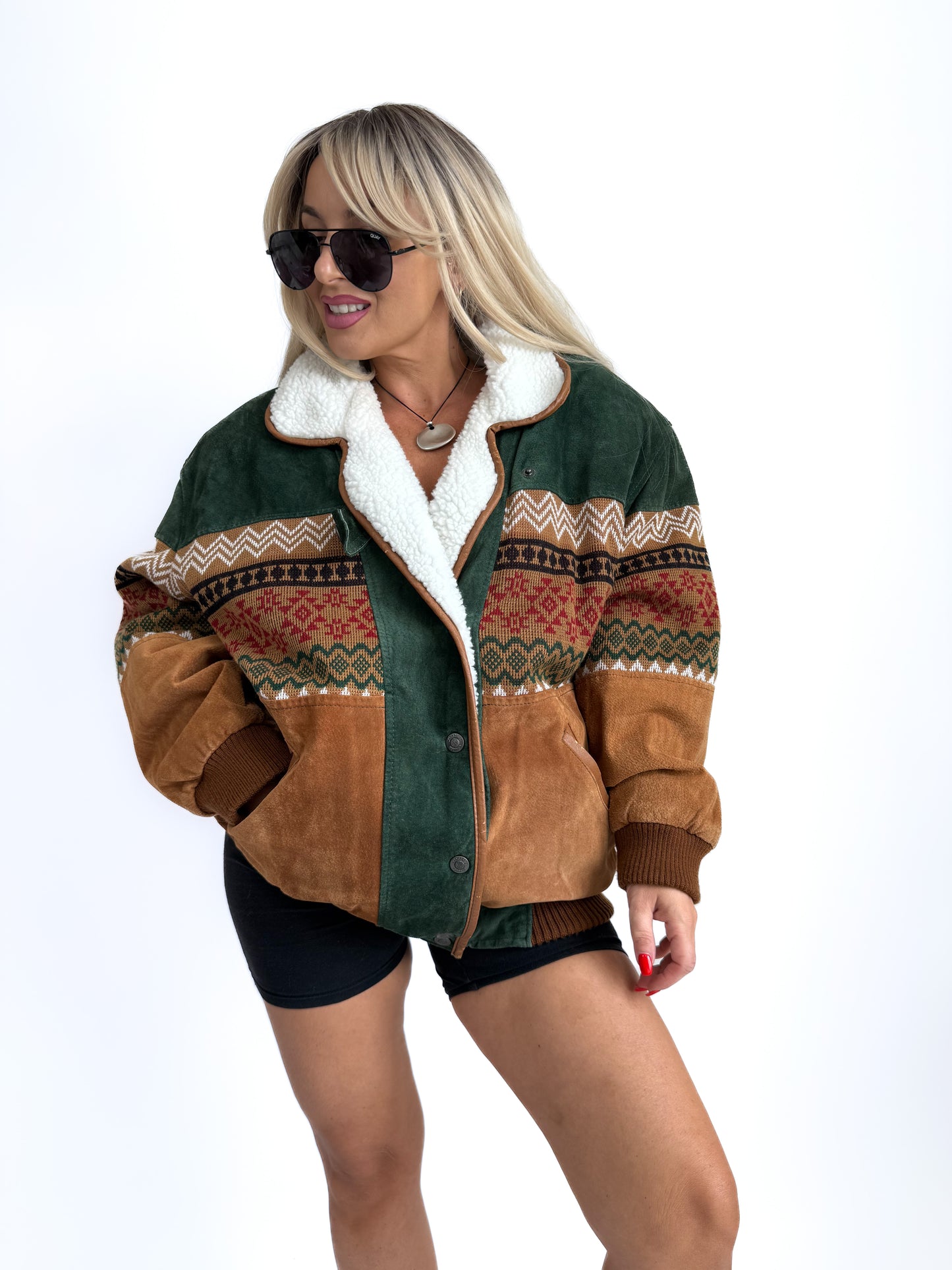 Vintage Suede Bomber Navajo Knit Sherpa Lined Southwestern Style Men's Jacket - L