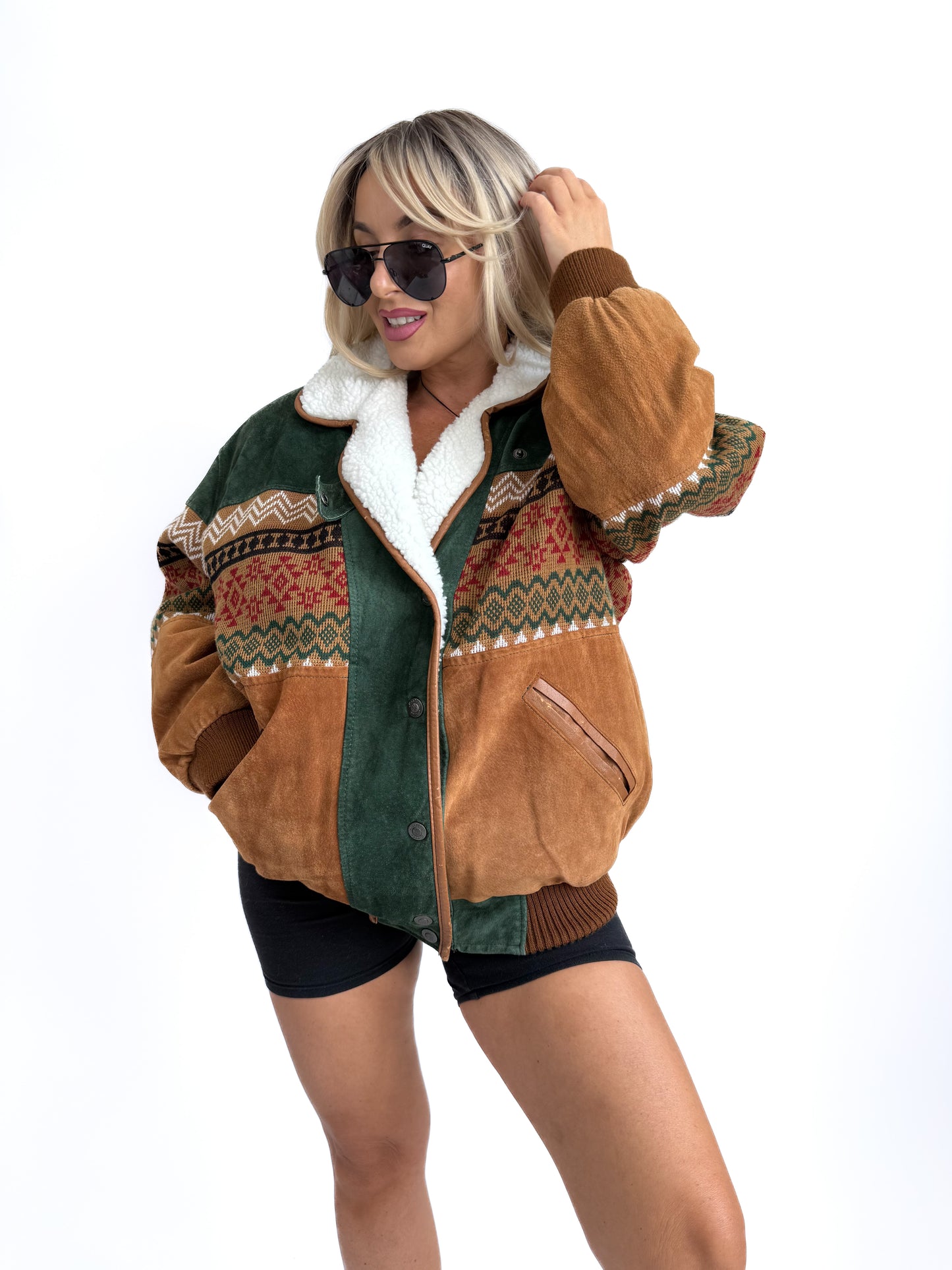 Vintage Suede Bomber Navajo Knit Sherpa Lined Southwestern Style Men's Jacket - L