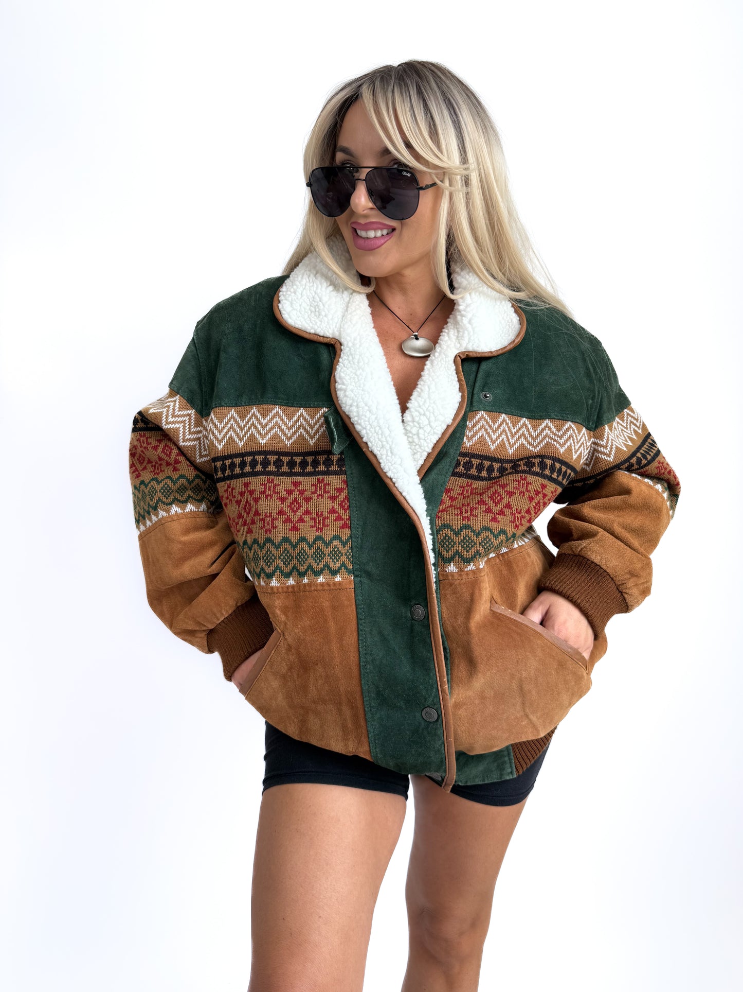 Vintage Suede Bomber Navajo Knit Sherpa Lined Southwestern Style Men's Jacket - L