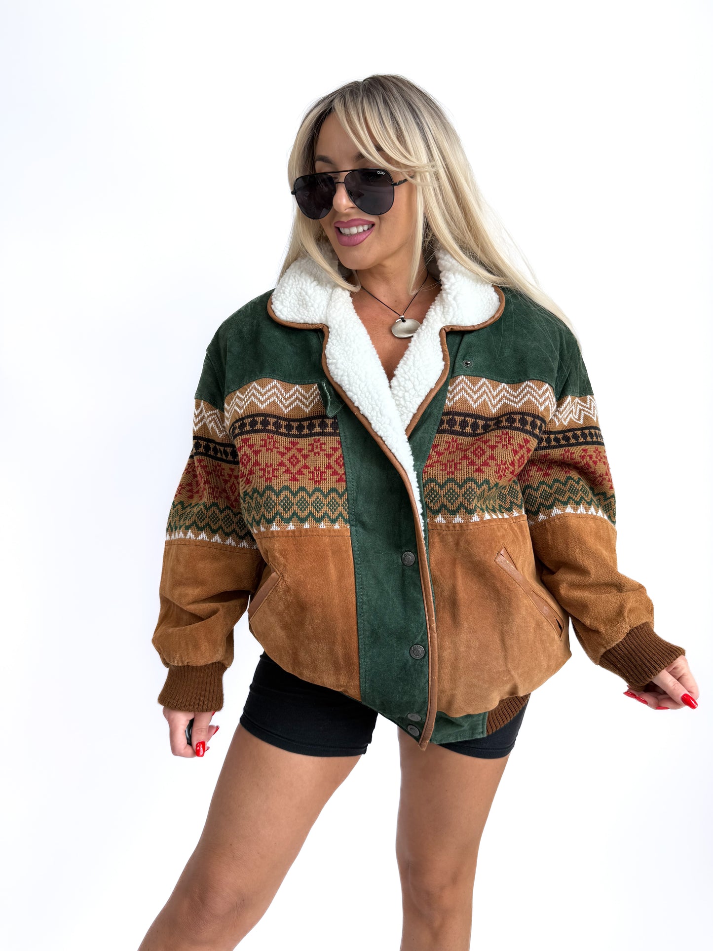Vintage Suede Bomber Navajo Knit Sherpa Lined Southwestern Style Men's Jacket - L