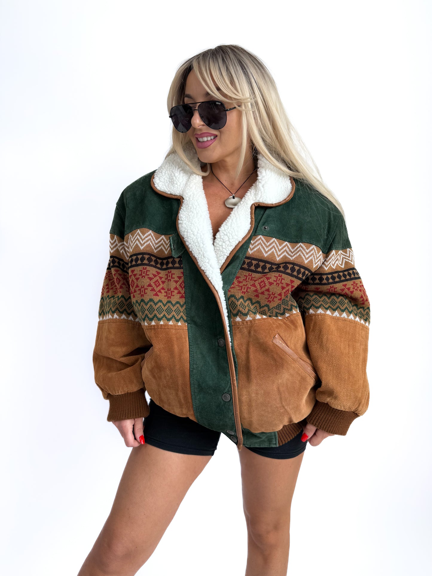 Vintage Suede Bomber Navajo Knit Sherpa Lined Southwestern Style Men's Jacket - L