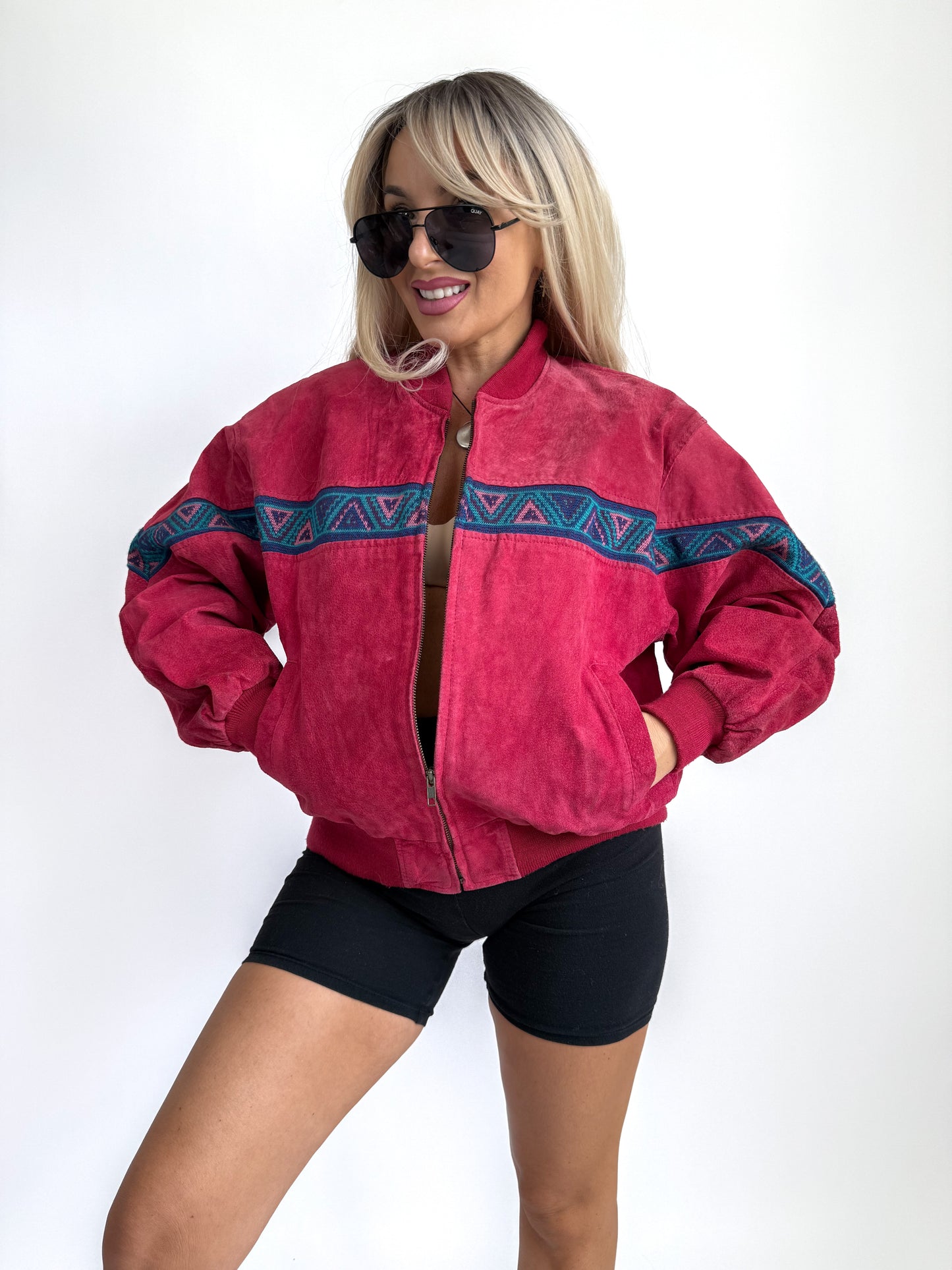Vintage Red Suede Bomber Jacket – Aztec Tribal Navajo Print Y2K Streetwear XS-S