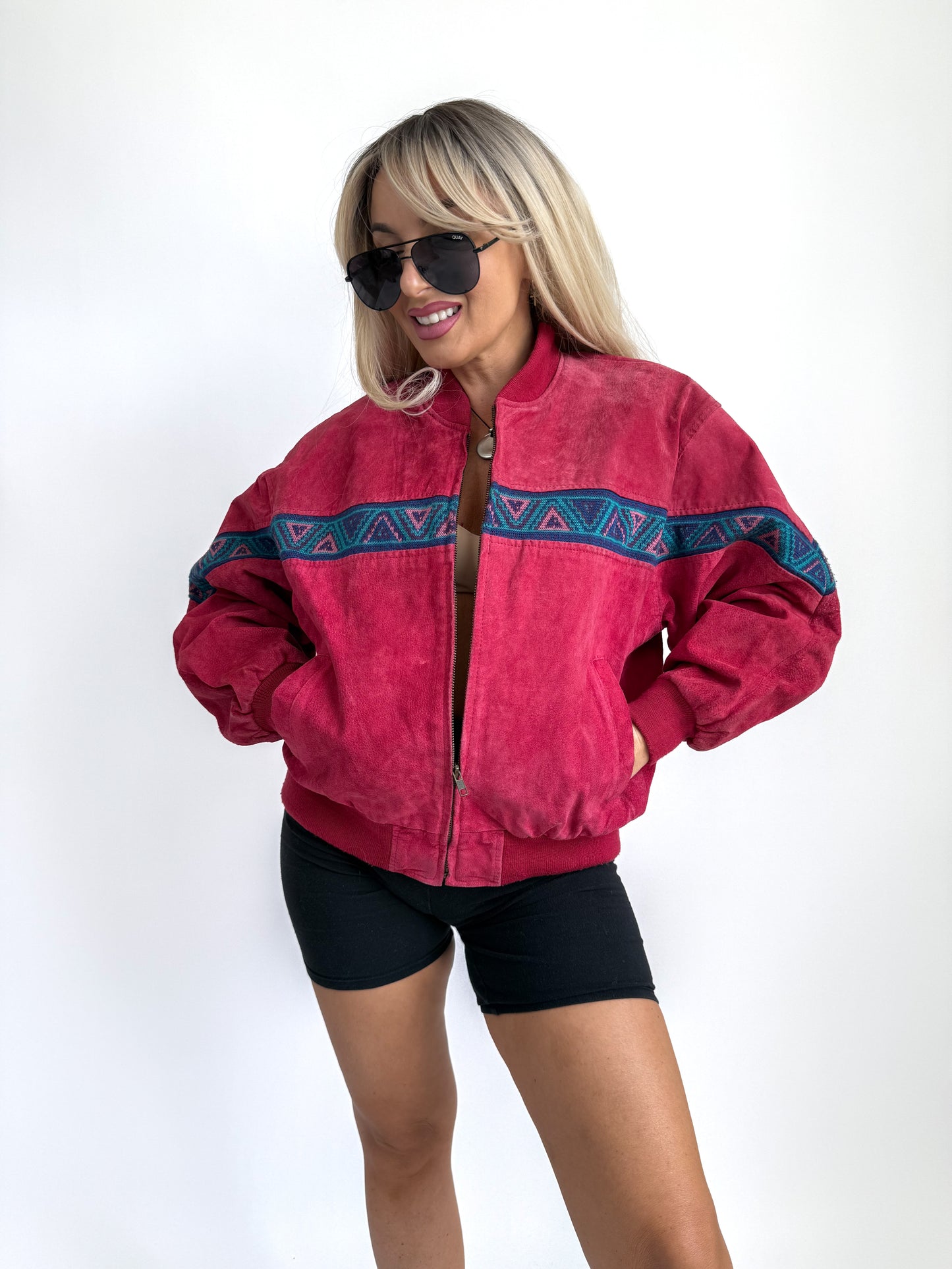 Vintage Red Suede Bomber Jacket – Aztec Tribal Navajo Print Y2K Streetwear XS-S
