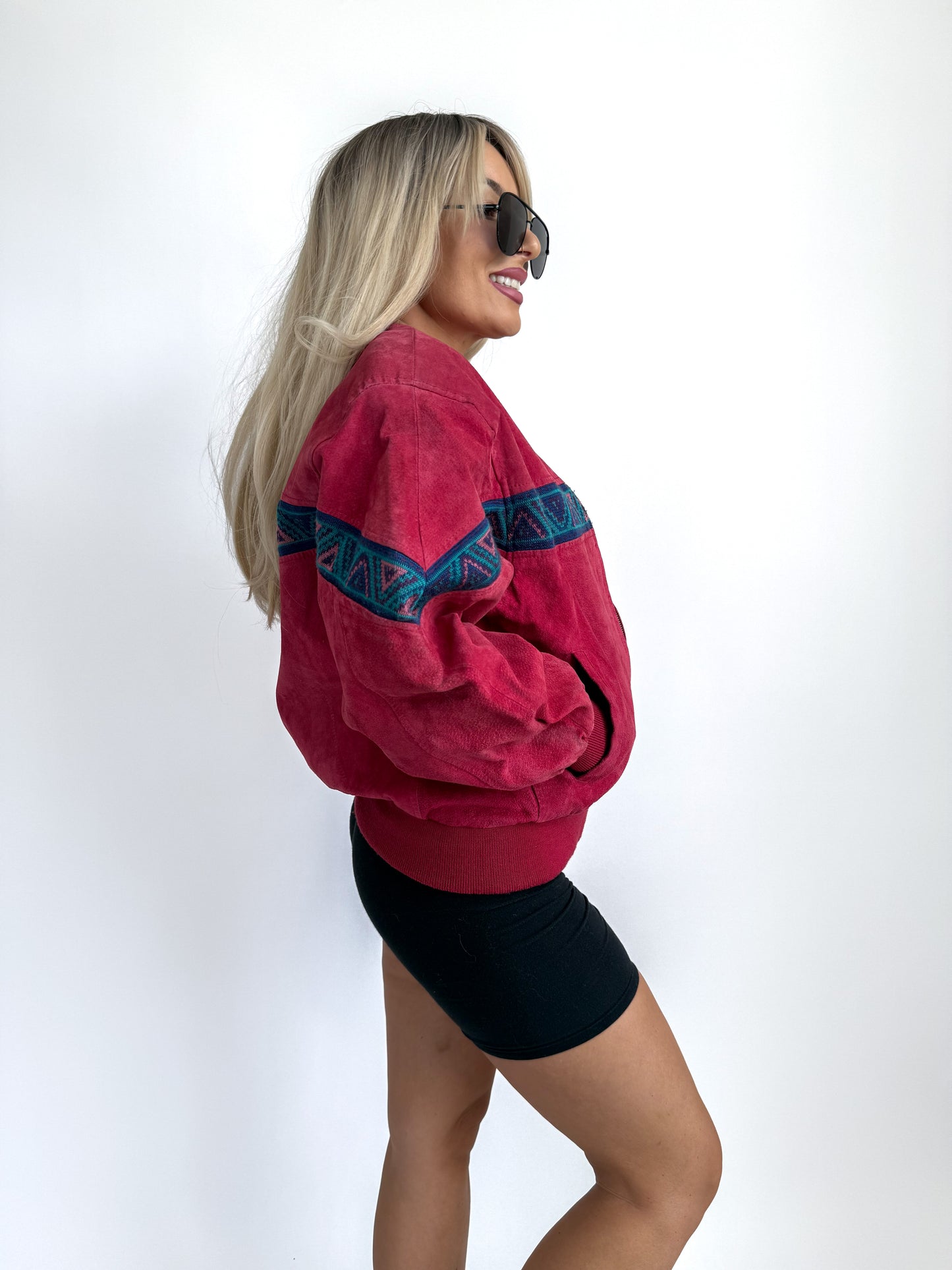 Vintage Red Suede Bomber Jacket – Aztec Tribal Navajo Print Y2K Streetwear XS-S