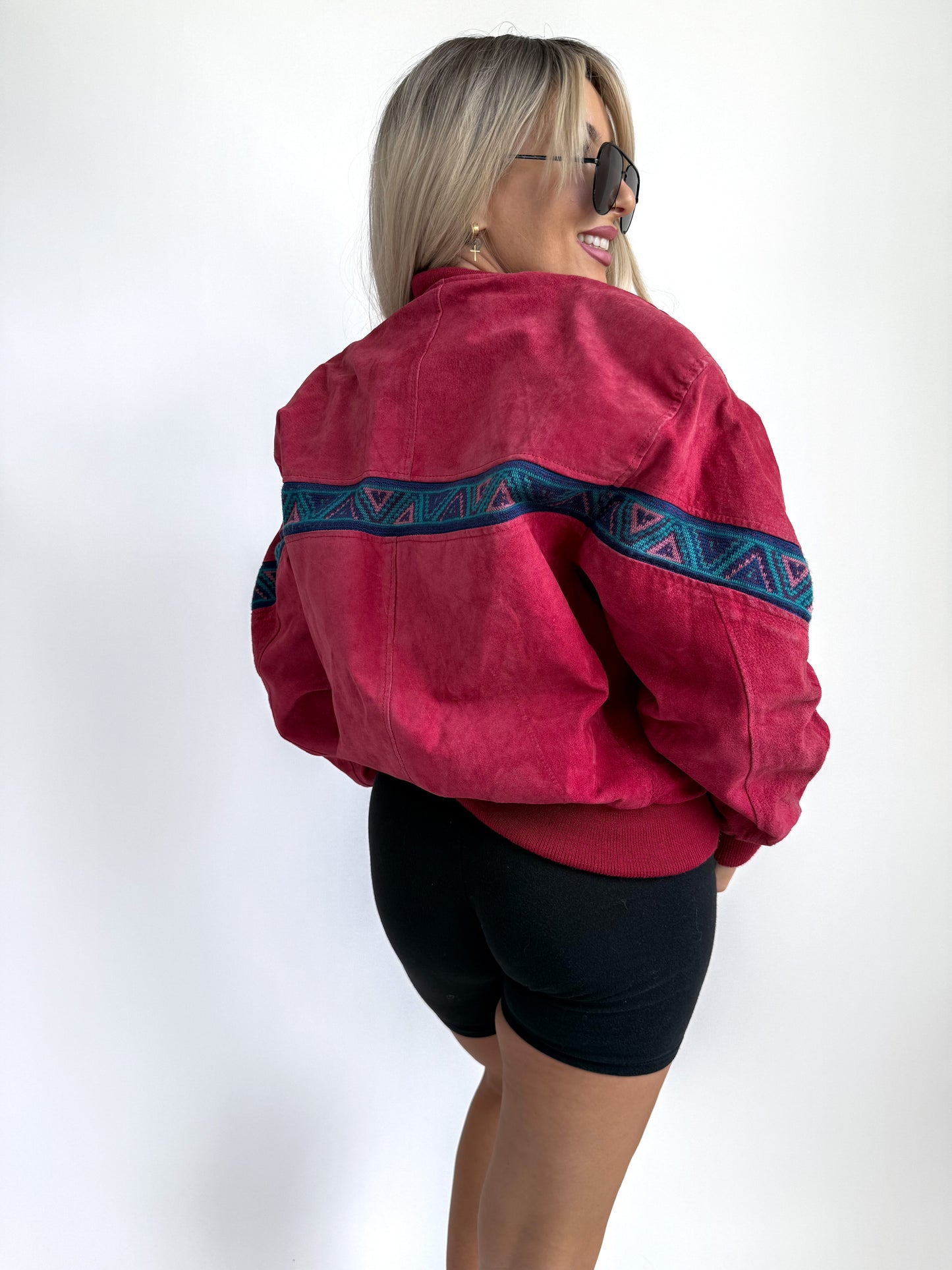 Vintage Red Suede Bomber Jacket – Aztec Tribal Navajo Print Y2K Streetwear XS-S