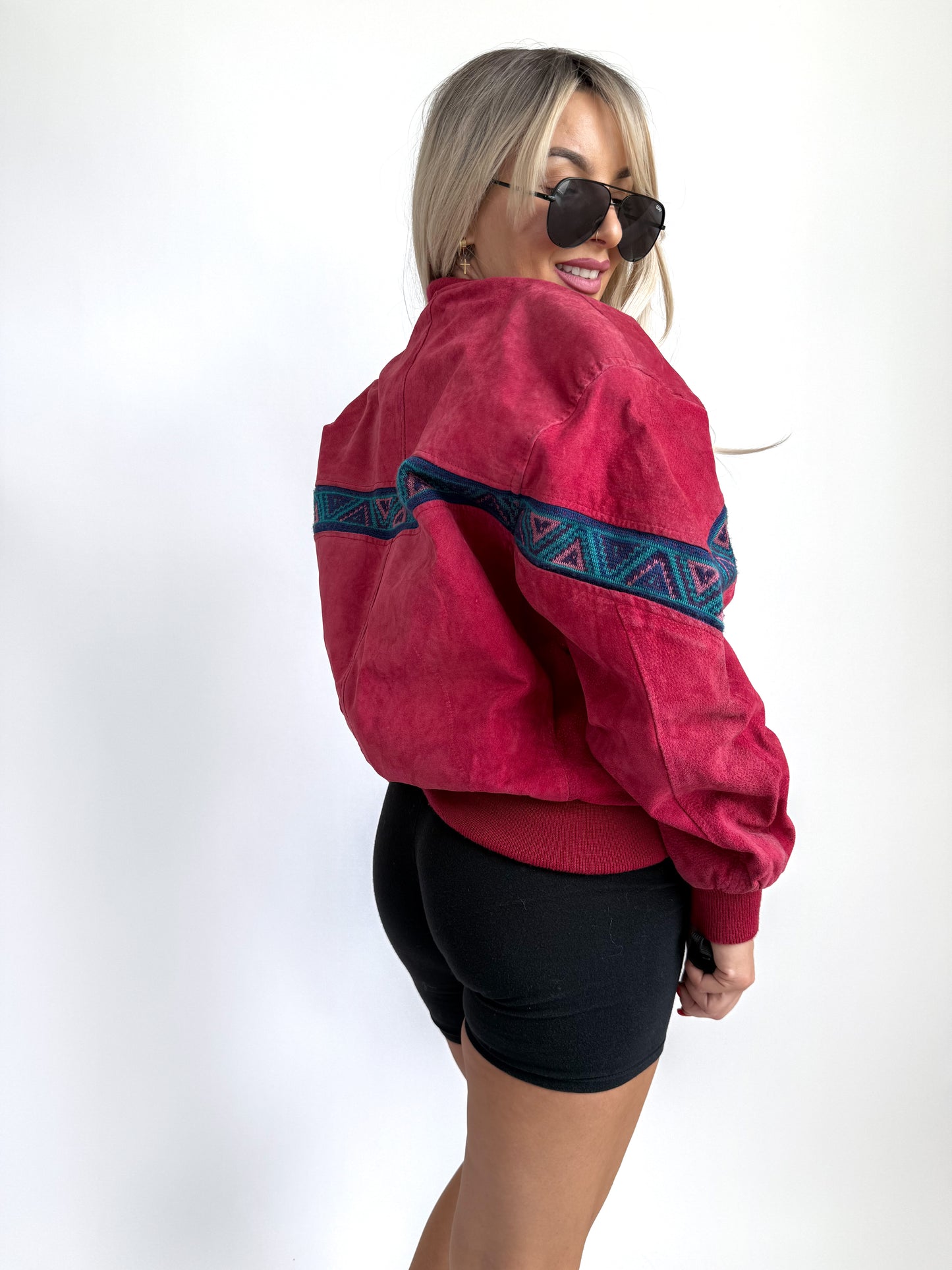 Vintage Red Suede Bomber Jacket – Aztec Tribal Navajo Print Y2K Streetwear XS-S