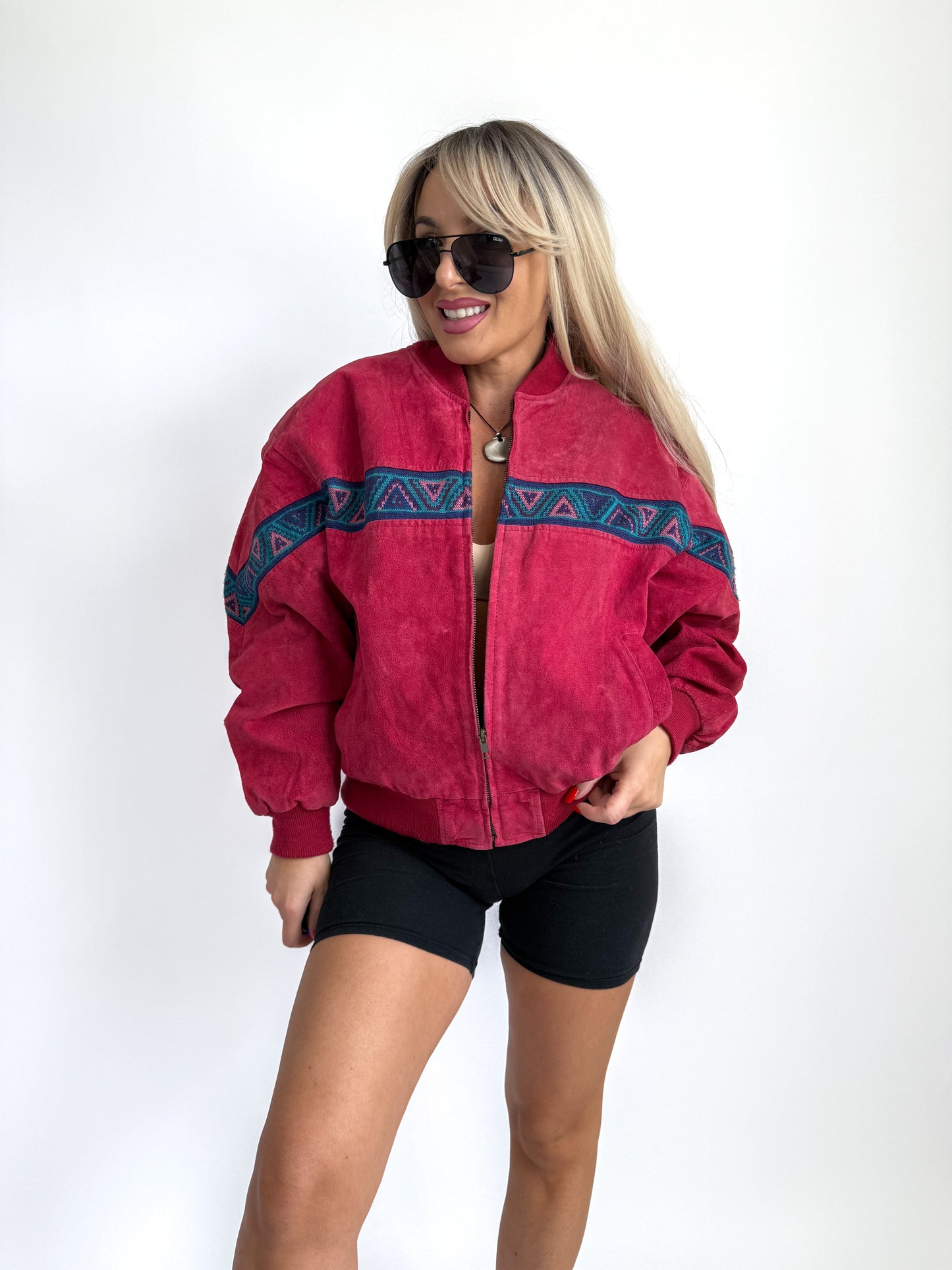 Vintage Red Suede Bomber Jacket – Aztec Tribal Navajo Print Y2K Streetwear XS-S