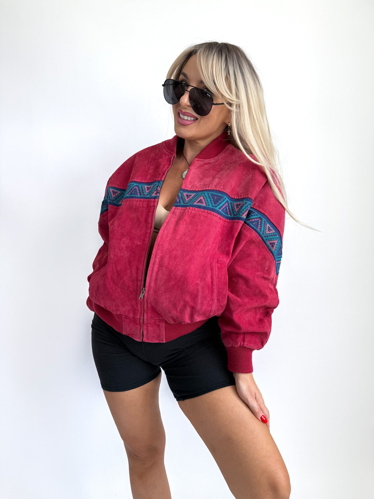 Vintage Red Suede Bomber Jacket – Aztec Tribal Navajo Print Y2K Streetwear XS-S