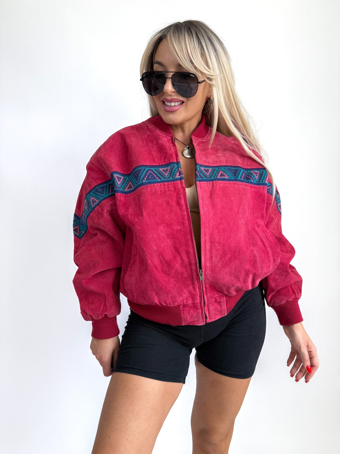 Vintage Red Suede Bomber Jacket – Aztec Tribal Navajo Print Y2K Streetwear XS-S