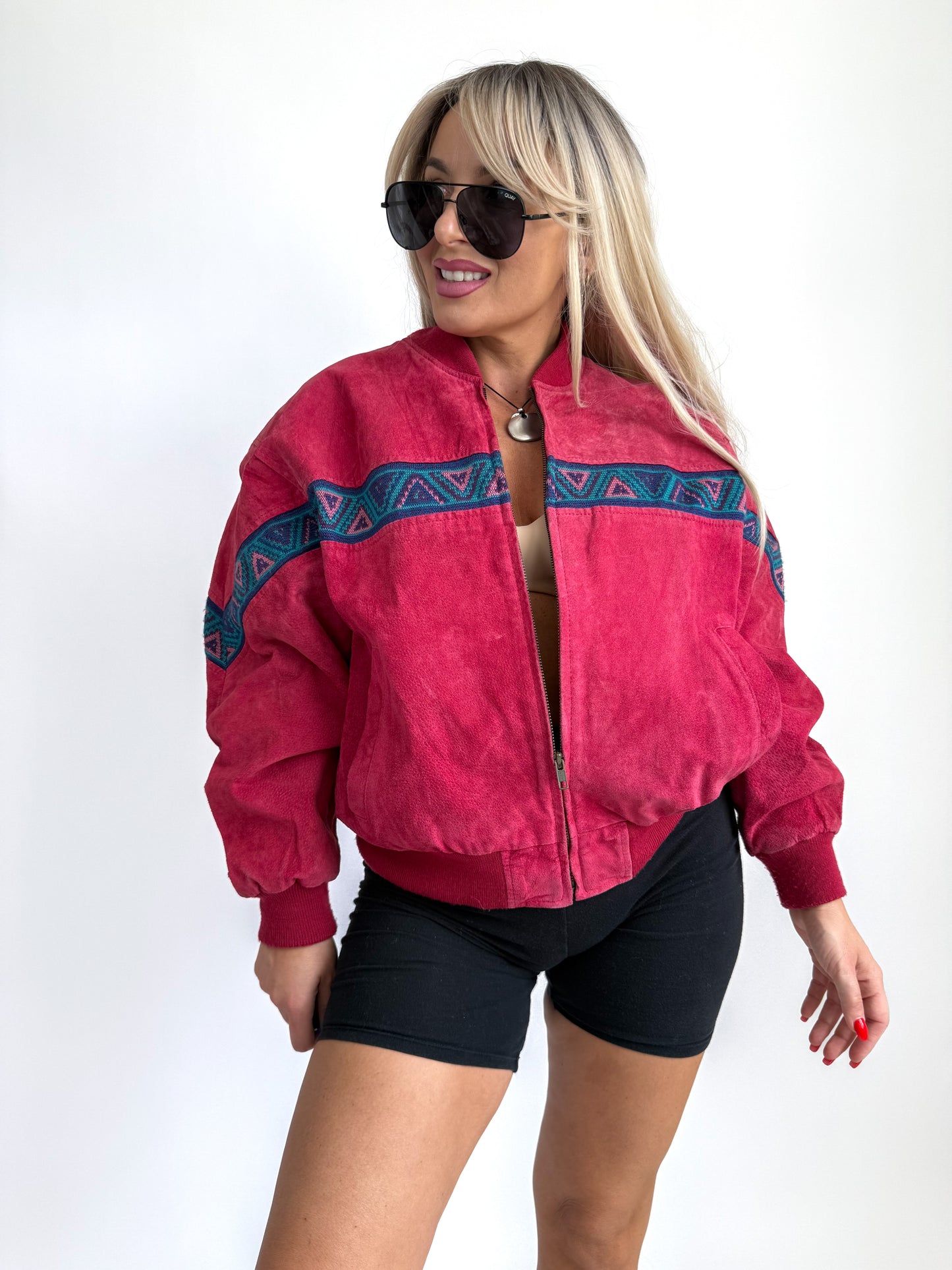 Vintage Red Suede Bomber Jacket – Aztec Tribal Navajo Print Y2K Streetwear XS-S