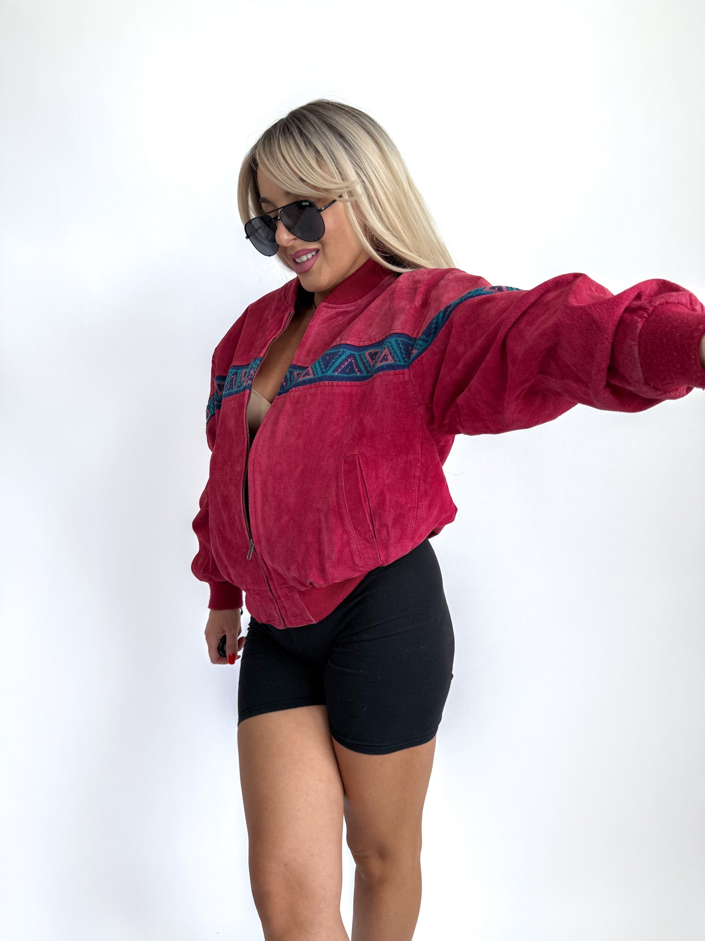 Vintage Red Suede Bomber Jacket – Aztec Tribal Navajo Print Y2K Streetwear XS-S