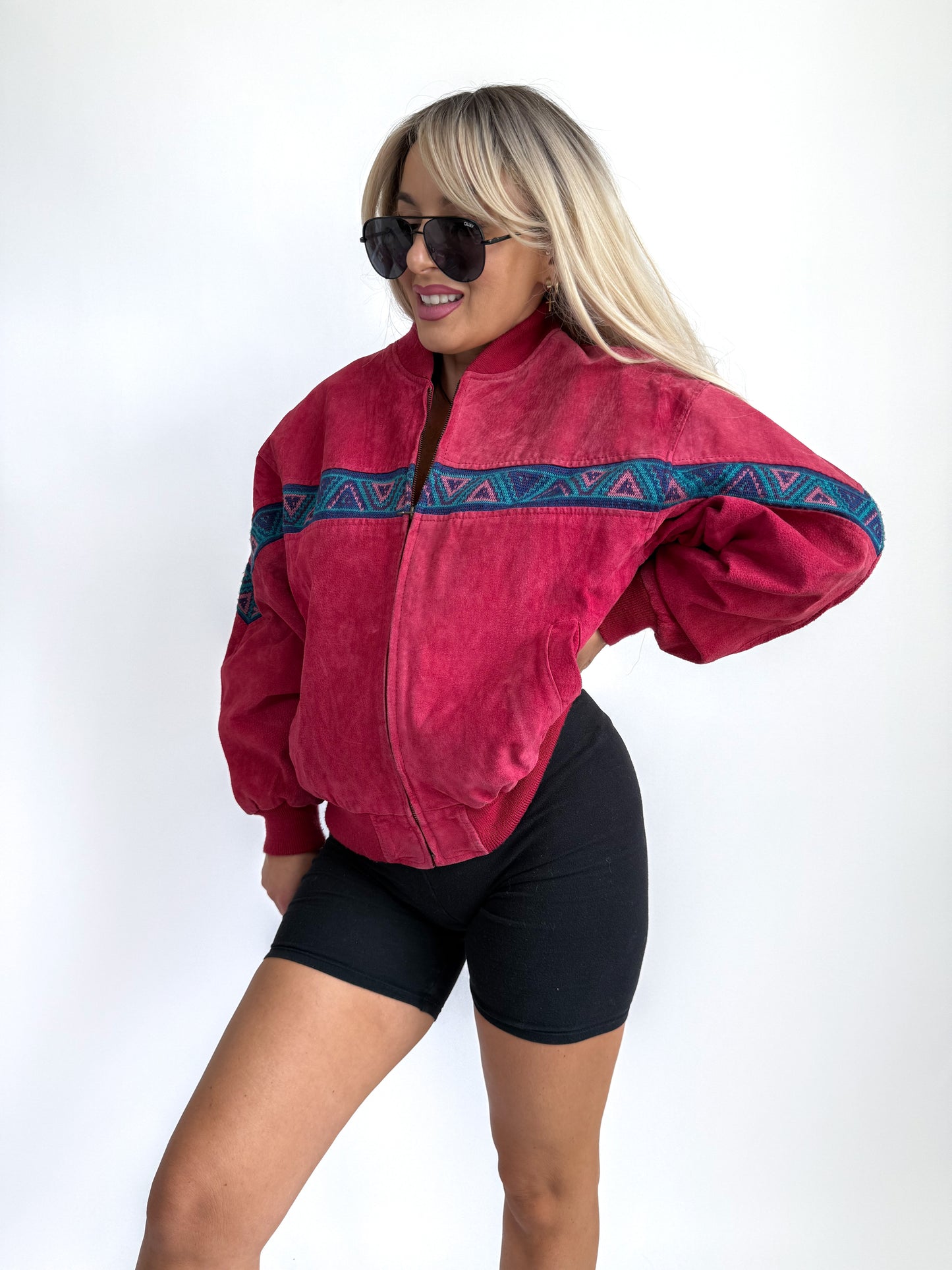 Vintage Red Suede Bomber Jacket – Aztec Tribal Navajo Print Y2K Streetwear XS-S