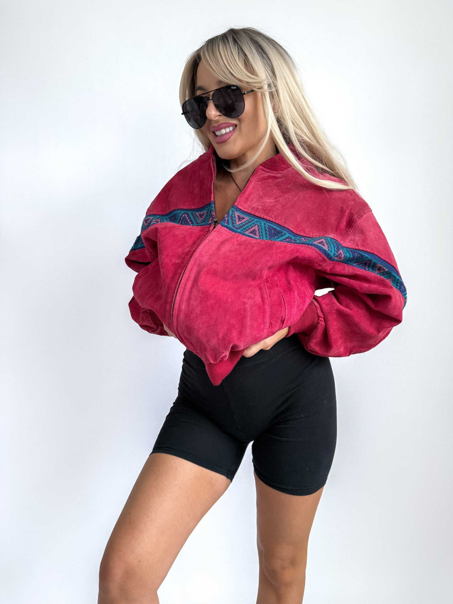 Vintage Red Suede Bomber Jacket – Aztec Tribal Navajo Print Y2K Streetwear XS-S
